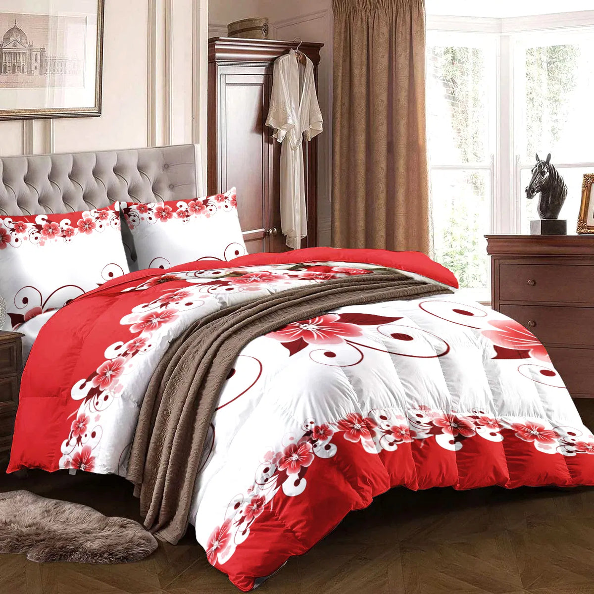 Red White Floral Duvet Cover & Curtain Set 9 Piece, Queen Size - Coordinated Bedding Bundle with Sheer Grommet Drapes, 2 Pillowcases & Matching Curtains, Machine Washable