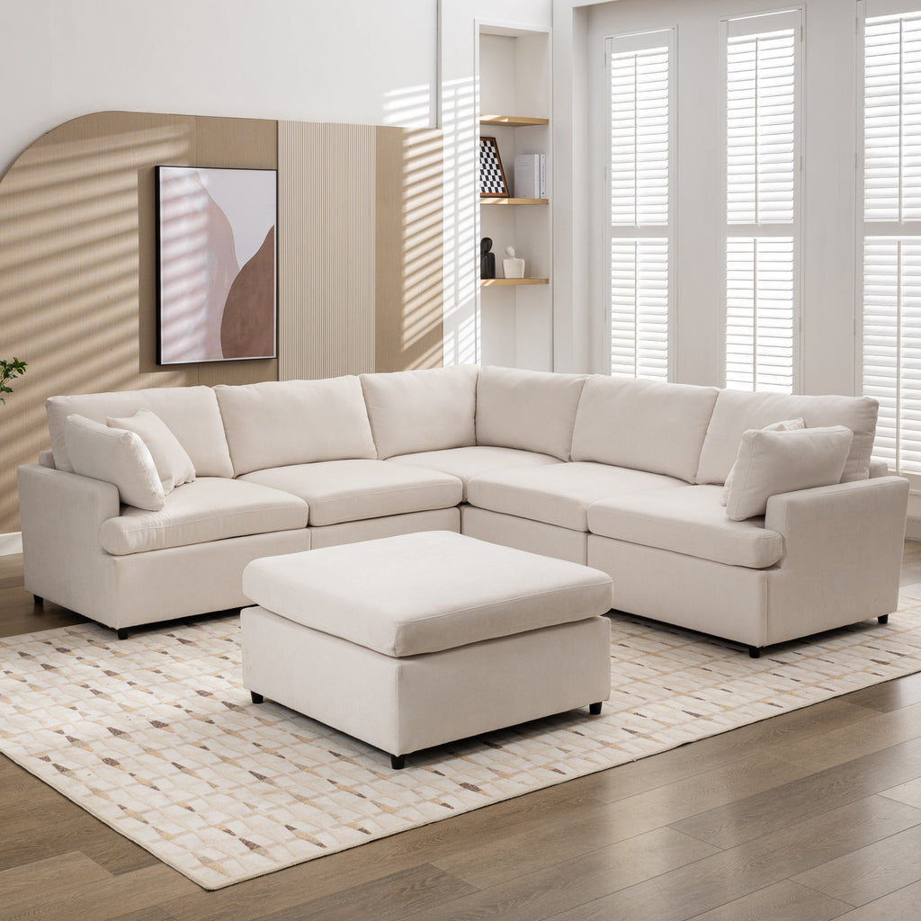 [ Video Provided]U_STYLE Upholstered Sectional Sofa with Removable Ottoman,U-Shape 6 Seat Sectional Couch,  for Living Room,,Apartment, Spacious Space