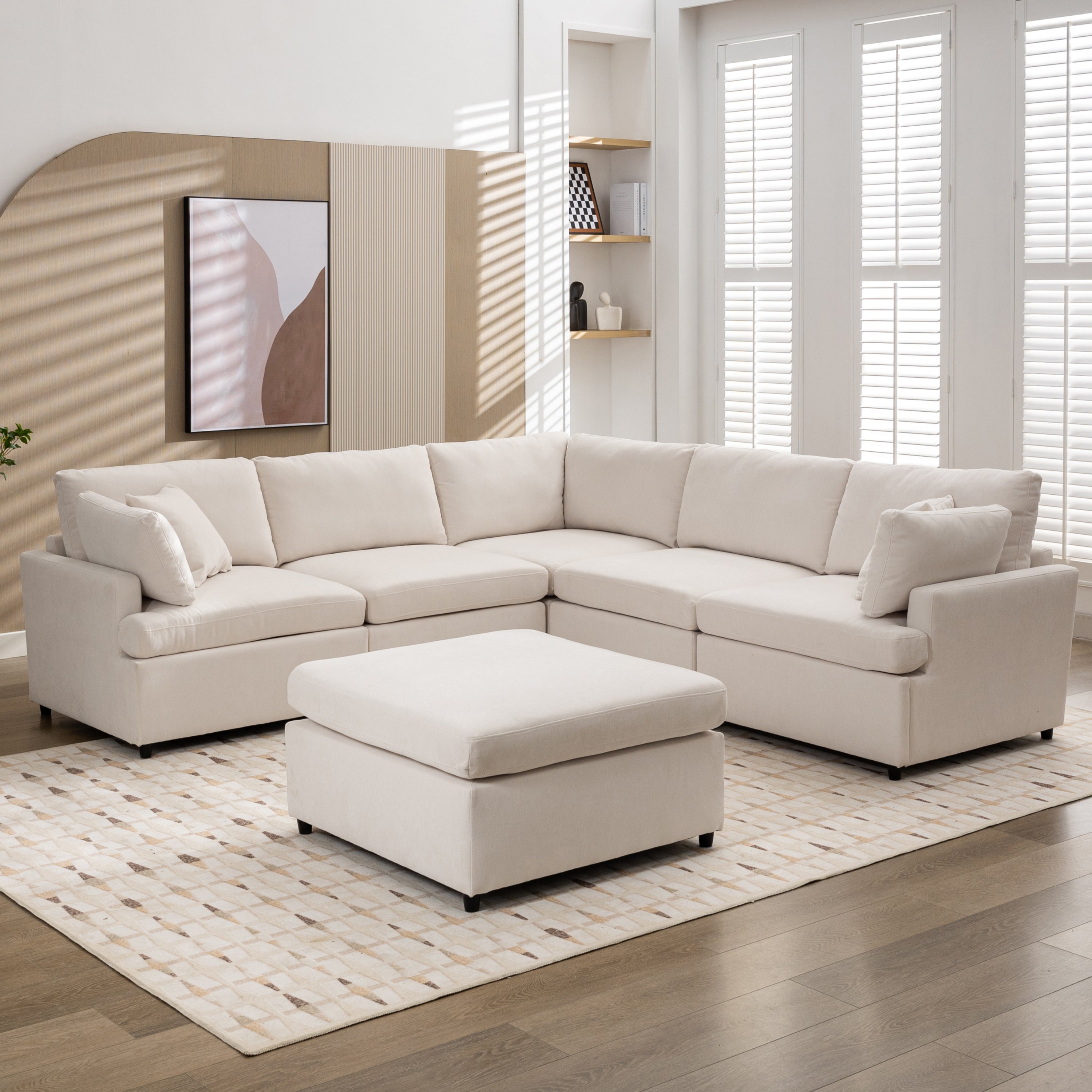 [ Video Provided]U_STYLE Upholstered Sectional Sofa with Removable Ottoman,U-Shape 6 Seat Sectional Couch,  for Living Room,,Apartment, Spacious Space