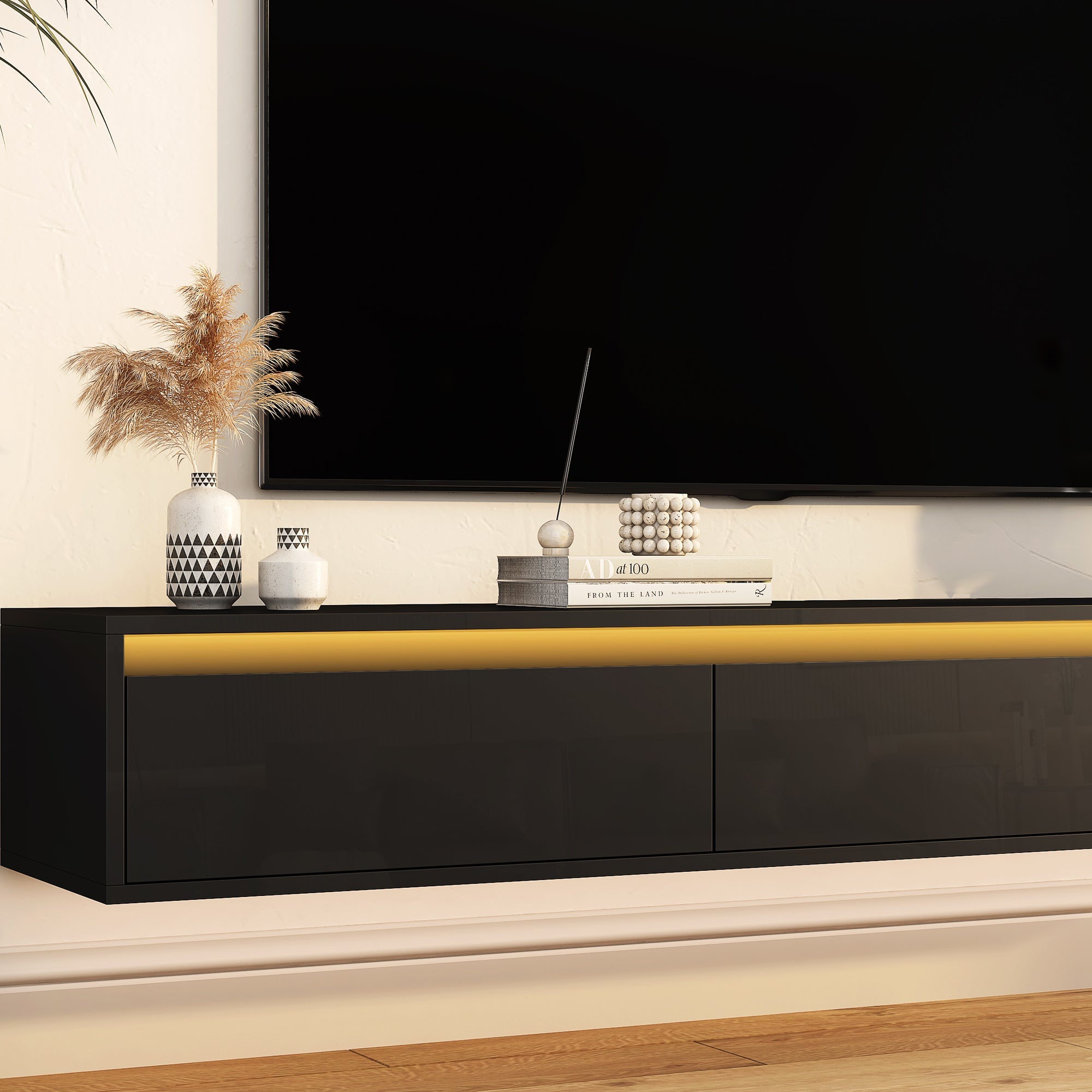 Floating TV Stand, Wall Mounted TV Shelf with Led Lights & Power Outlet,High Gloss TV Cabinet for Black tv Stands for Living Room