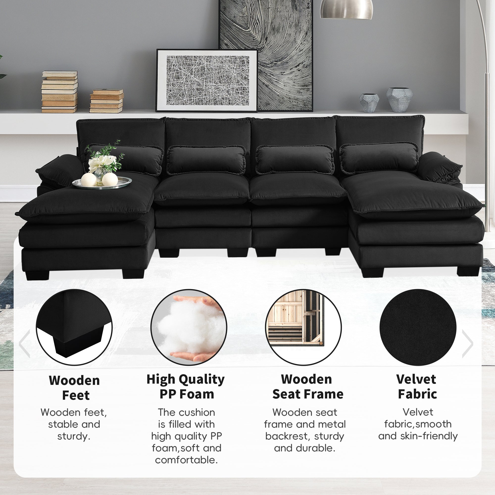 110*55' Modern U-shaped Sectional Sofa with Waist Pillows,6-seat Upholstered Symmetrical Sofa Furniture,Sleeper Sofa Couch with Chaise Lounge for Living Room,Apartment,5 Colours