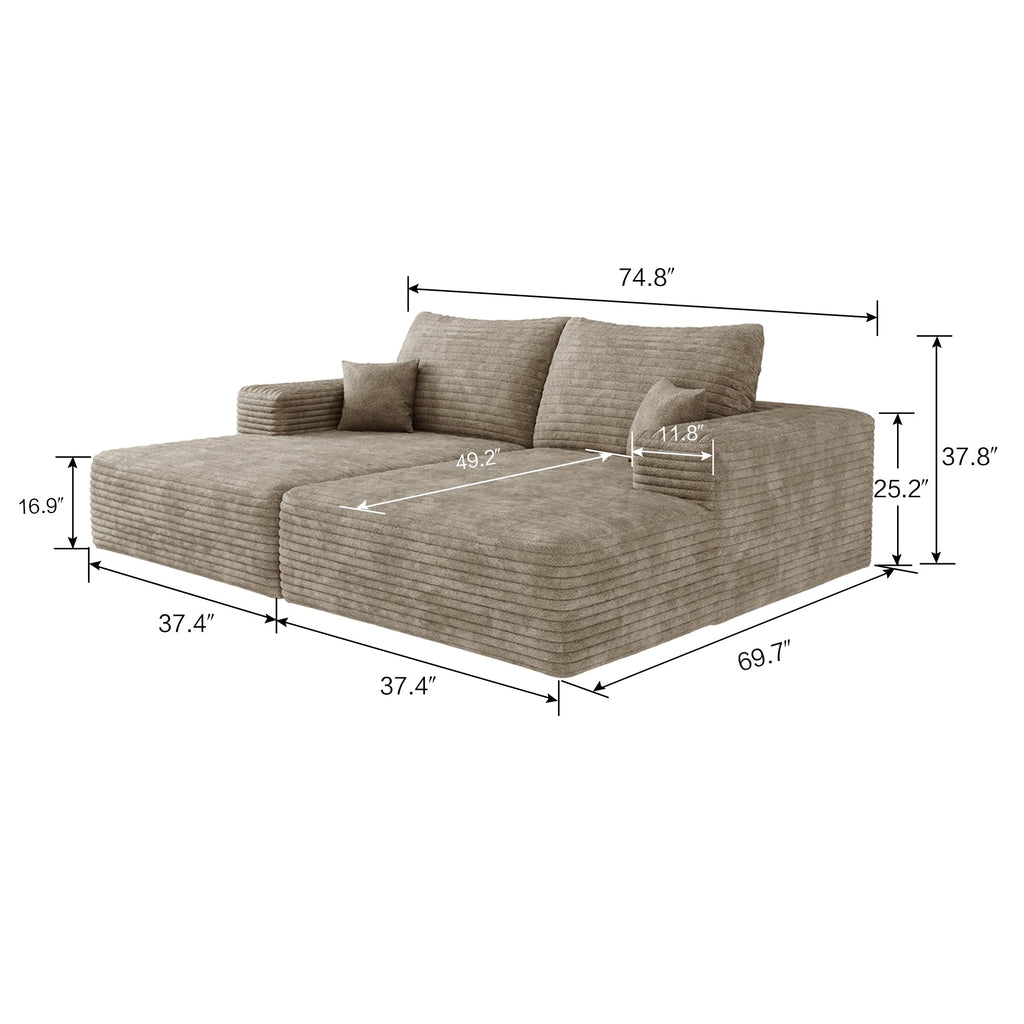 74.8' Modern Sofa bed With Dual sleeper, lounger for moviebonus room,No Assembly Required,Camel (Plush Corduroy Fabric)