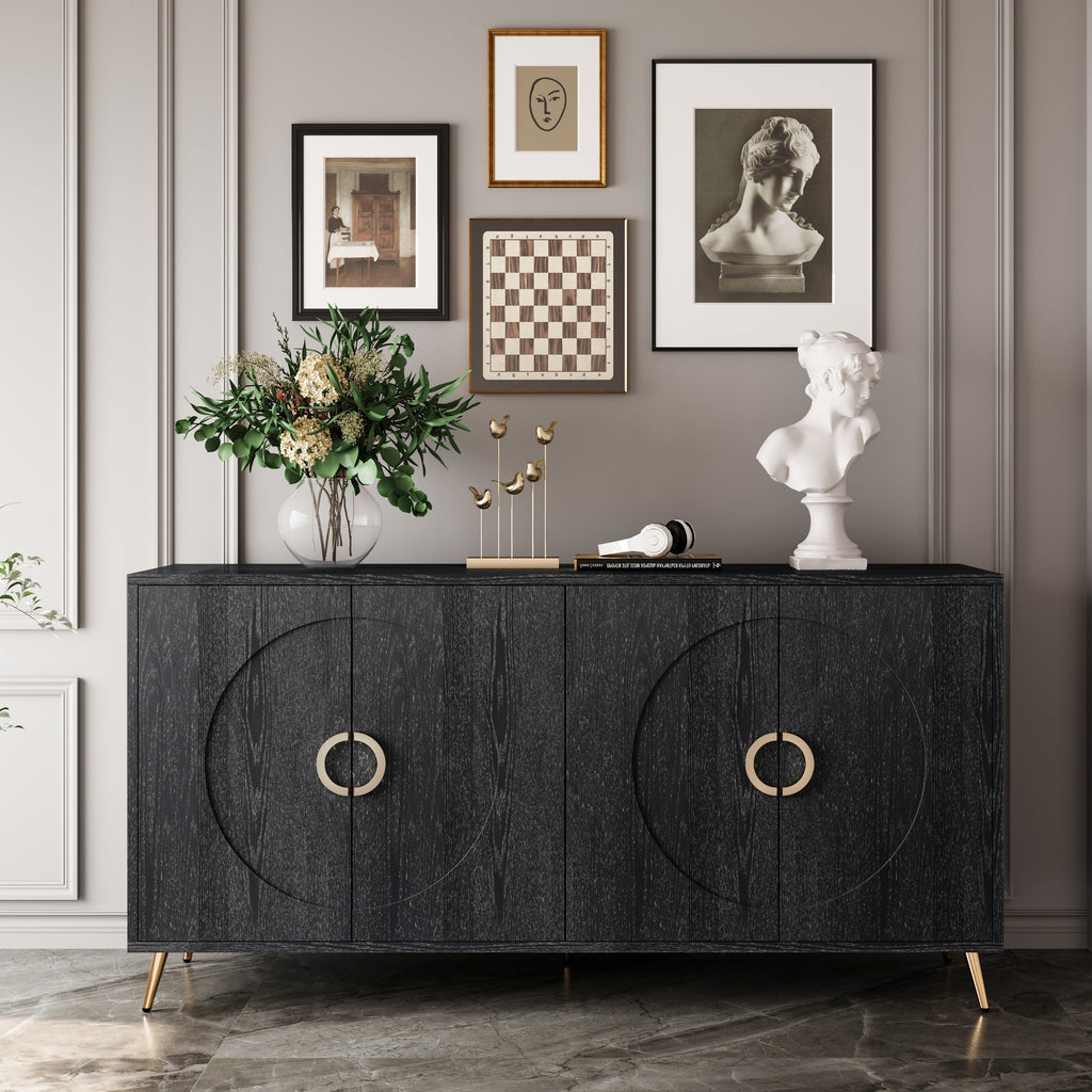 Modern Lacquered 4 Door Wooden Cabinet Sideboard Buffet Server Cabinet Storage Cabinet, for Living Room, Entryway, Hallway, Office, Kitchen and Dining Room, Distressed Black
