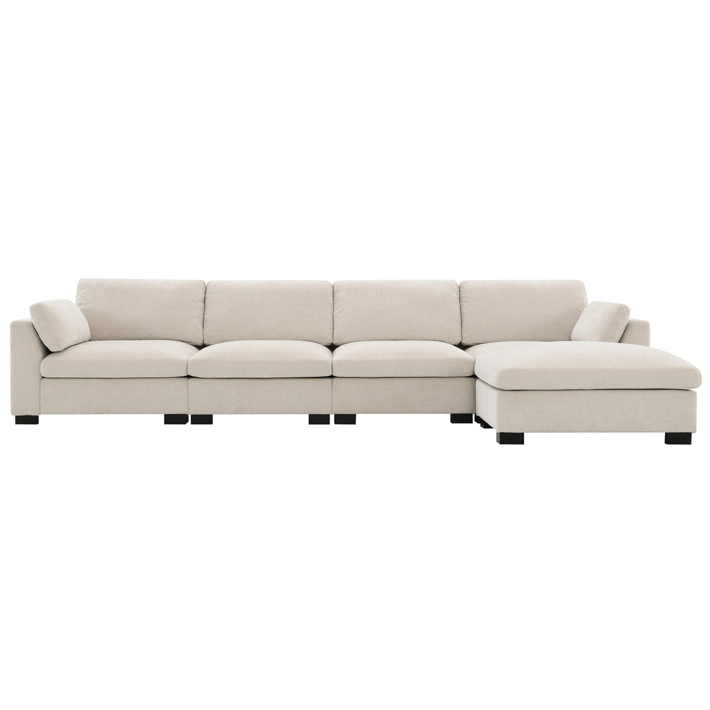 [VIDEO]130' Modular Sectional Sofa, L-Shape with Folding Table and Dual-Port Charging, Side Storage Pockets, 2 Armrest Pillows, Free Movement Ottoman, High Density Foam, Chenille, 5 Seat, 2 Colors