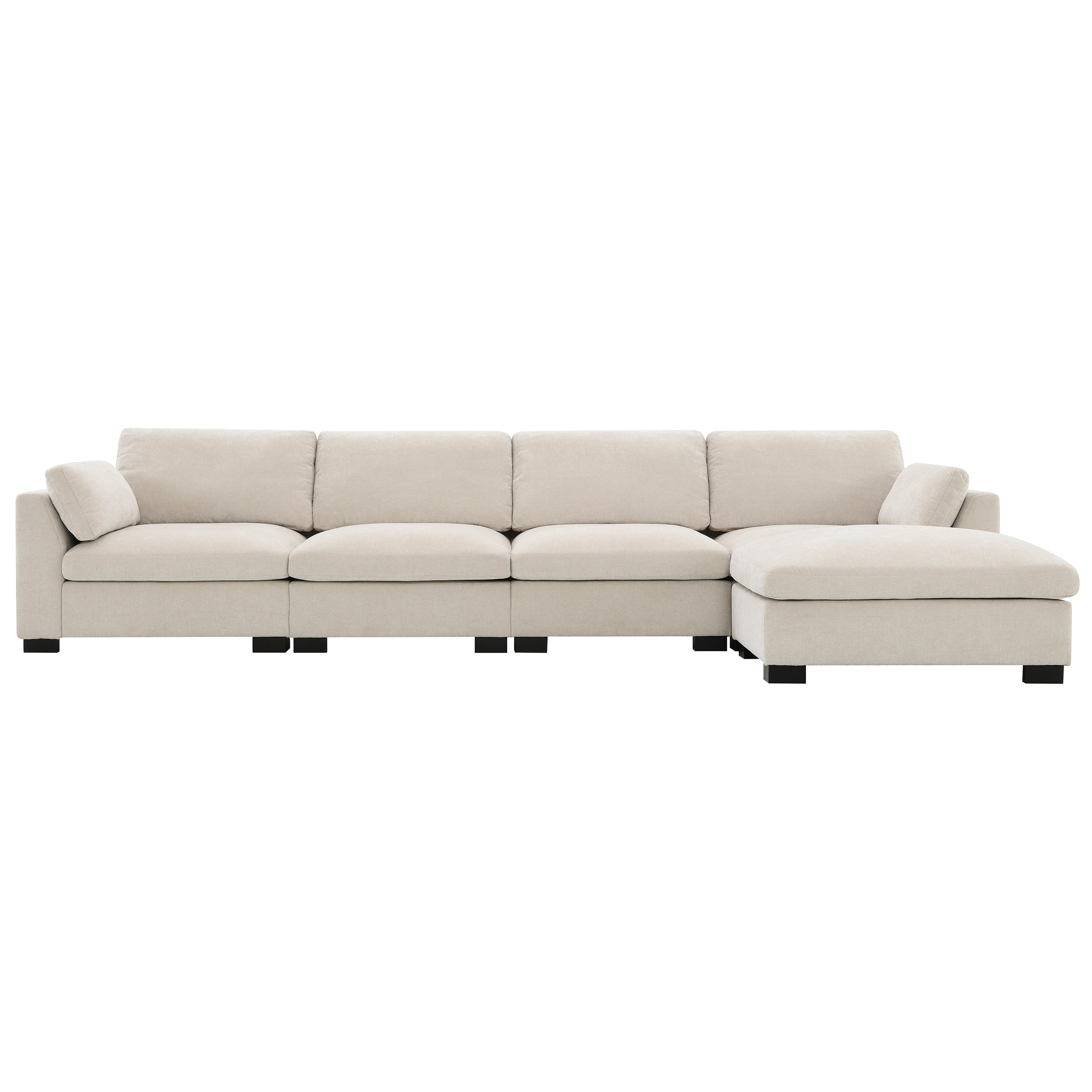 [VIDEO]130' Modular Sectional Sofa, L-Shape with Folding Table and Dual-Port Charging, Side Storage Pockets, 2 Armrest Pillows, Free Movement Ottoman, High Density Foam, Chenille, 5 Seat, 2 Colors