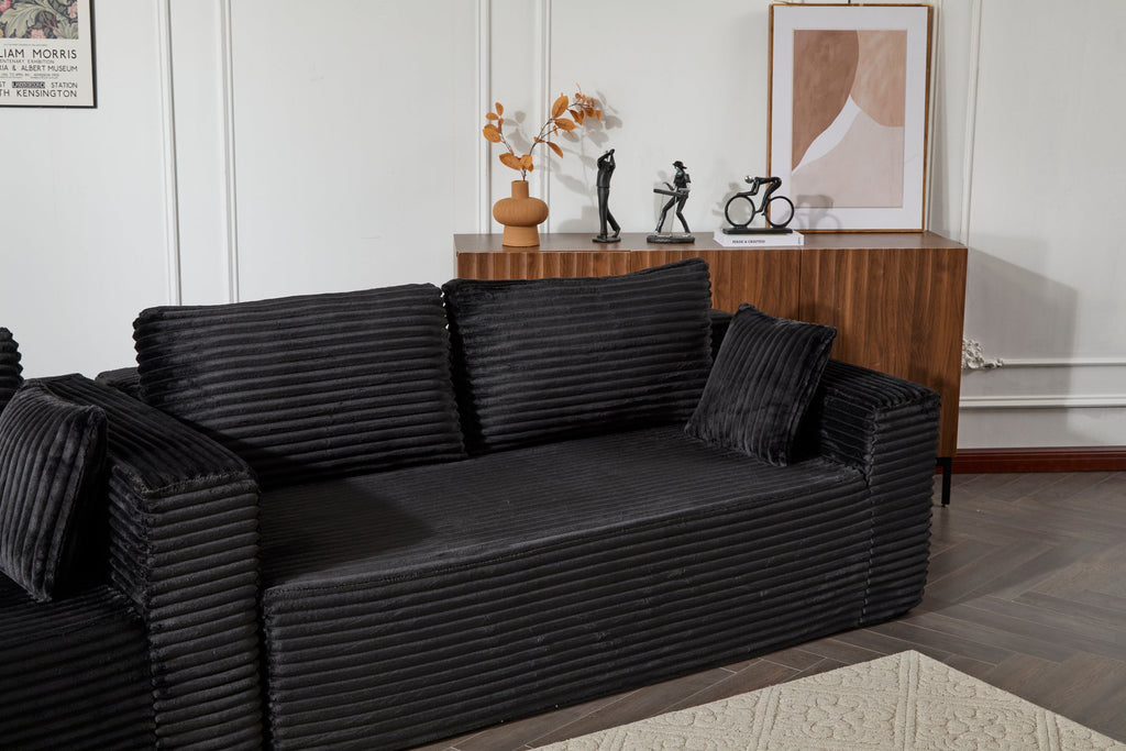 Compression Sectional Couch with Comfy Chaise, Boneless L Shape Sofa with Deep Seat, Minimalist Modular Couches Sleeper for Living Room Bedroom Apartment Lounge,corduroy,Black