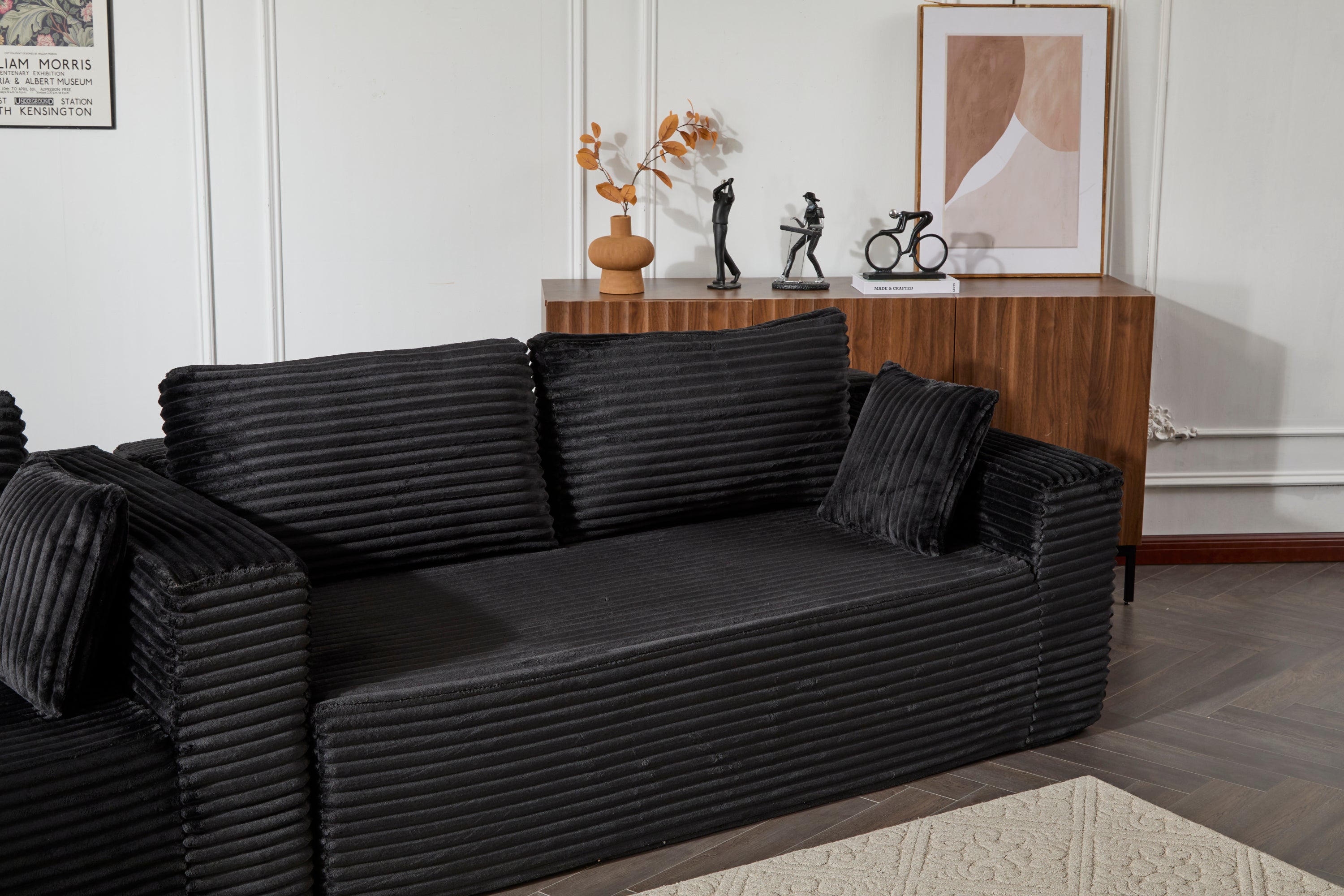 Compression Sectional Couch with Comfy Chaise, Boneless L Shape Sofa with Deep Seat, Minimalist Modular Couches Sleeper for Living Room Bedroom Apartment Lounge,corduroy,Black