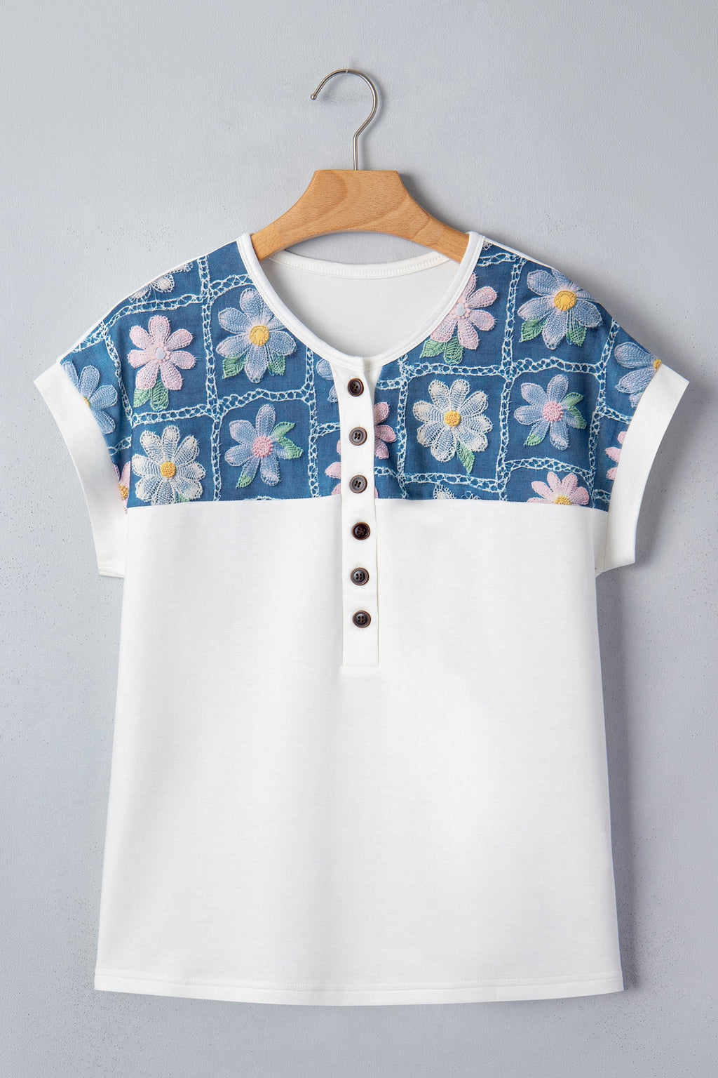 Floral Patchwork Short Sleeve Henley Blouse