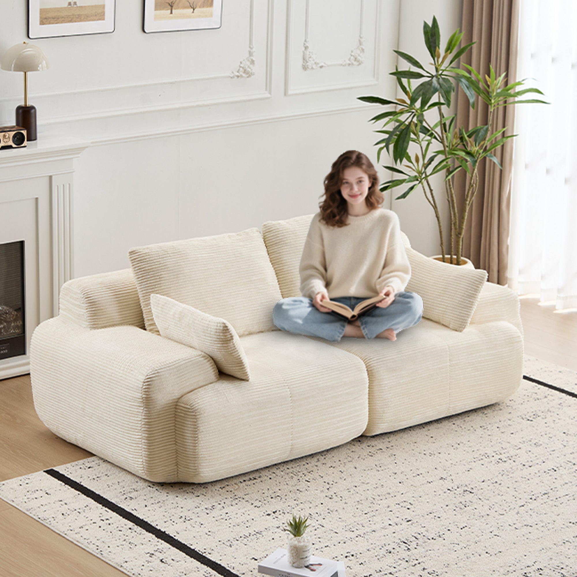Modern Memory Foam Compressed Sofa,2 Seater Large Sectional Couches for Living Room,Pet-Friendly Cloud Modular Sectional Sofa,Corduroy Fabric,Extra Deep Loveseat,No Assembly required, Beige