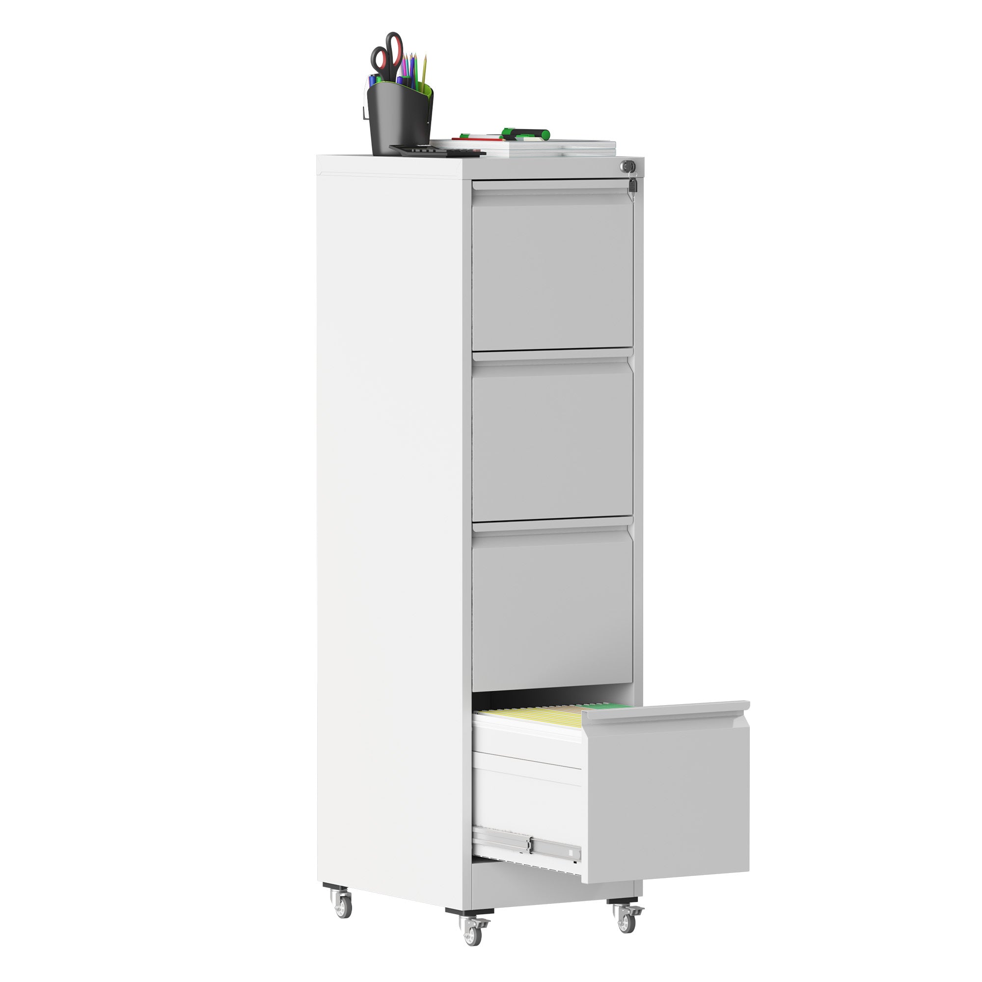 4 Drawer Metal Locking Vertical File Cabinet with Wheels - Heavy-Duty Lockable Storage for Home & Office, Black and White, 17.71'D x 15.16'W x 52.28'H