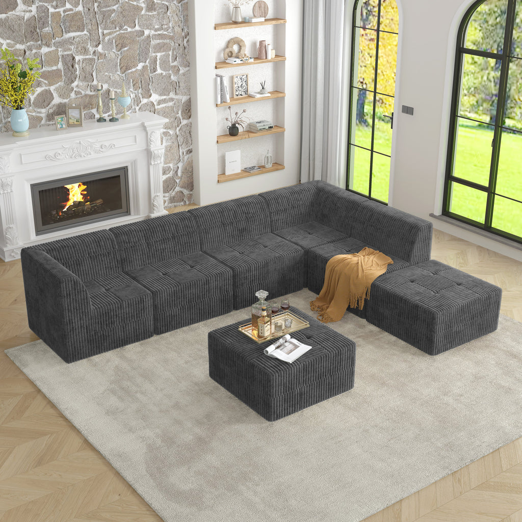 L shape Modular Sectional Sofa,DIY Compressed Sectional Sofa Modern Minimalist Style Corduroy Couch, Sleeper Sofa for Living Room, Bedroom, Comfy Compressed Sofa Couch Space-Efficient Design-GREY