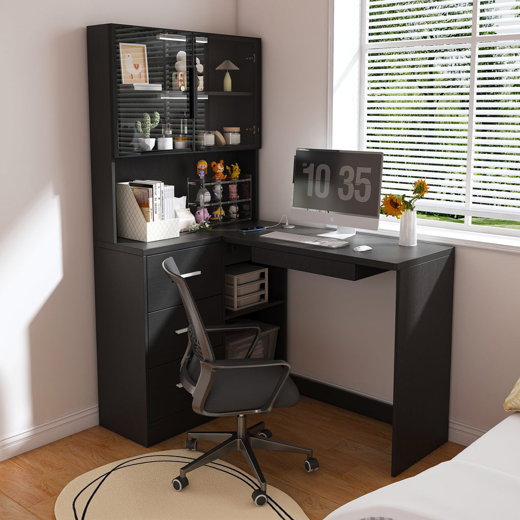 Black L-Shaped Computer Desk with Glass Cabinets, Built-In LED Lights, USB Charging Ports, and Keyboard Tray - Ergonomic Office Furniture for Home and Corporate Workspaces