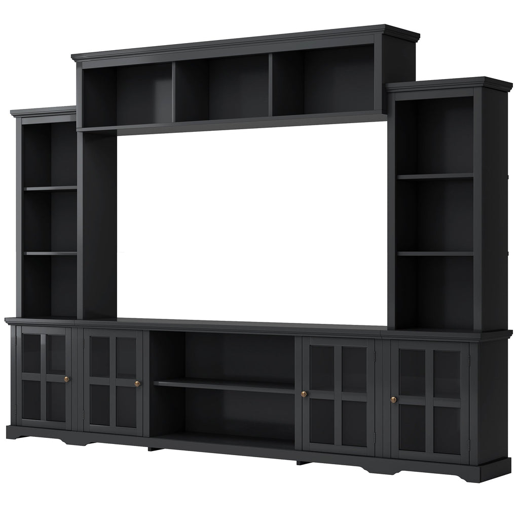 [VIDEO provided] ON-TREND Minimalism Entertainment Wall Unit with Bridge, Modern TV Console Table for TVs Up to 70', Multifunctional TV Stand with Tempered Glass Door, Black (Old SKU: SD000009AAB)
