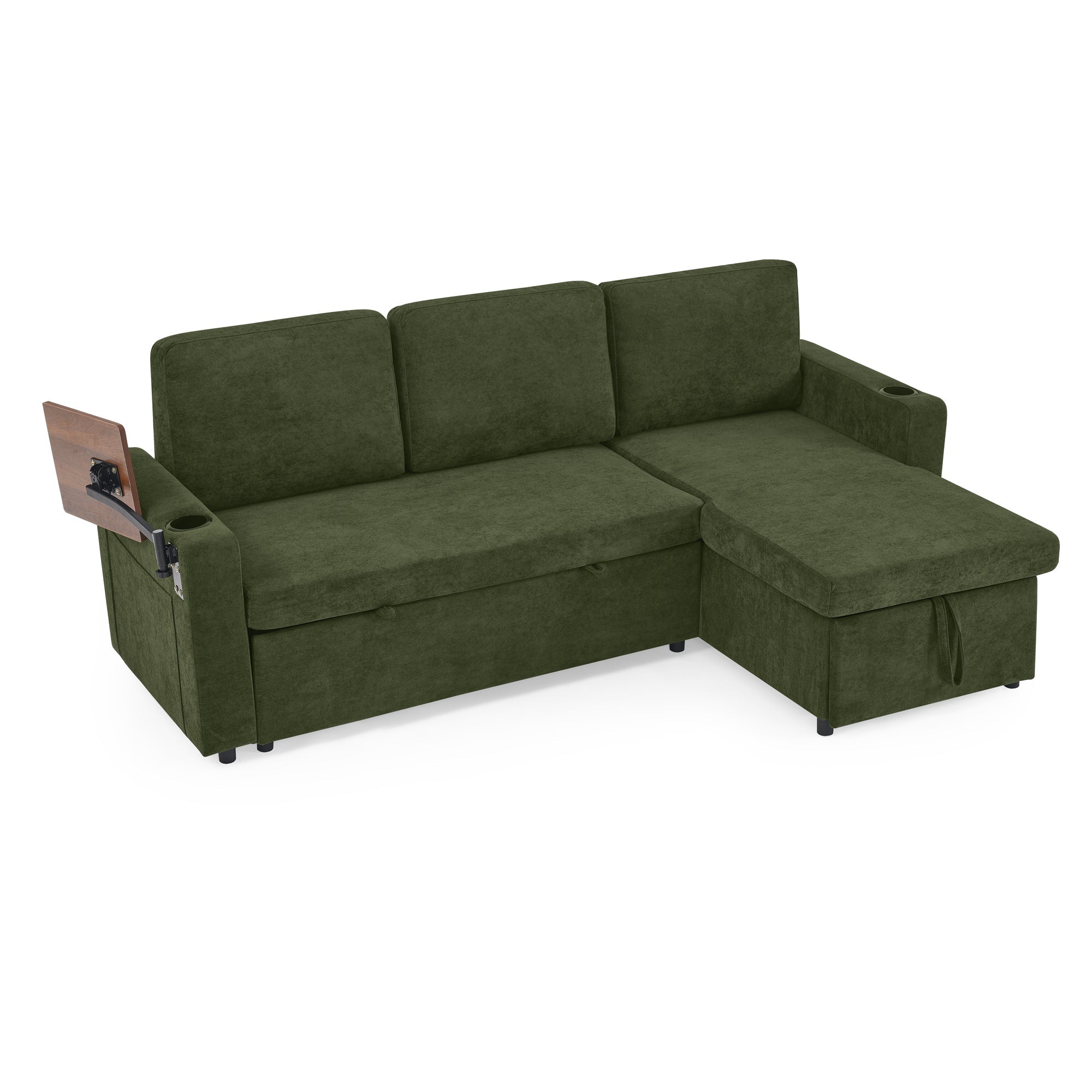 Modern Chenille Multi-functional Pull-Out Bed Sofa with Retractable Table and LED Lighting, USB Charging Ports and Cup Holders, Green