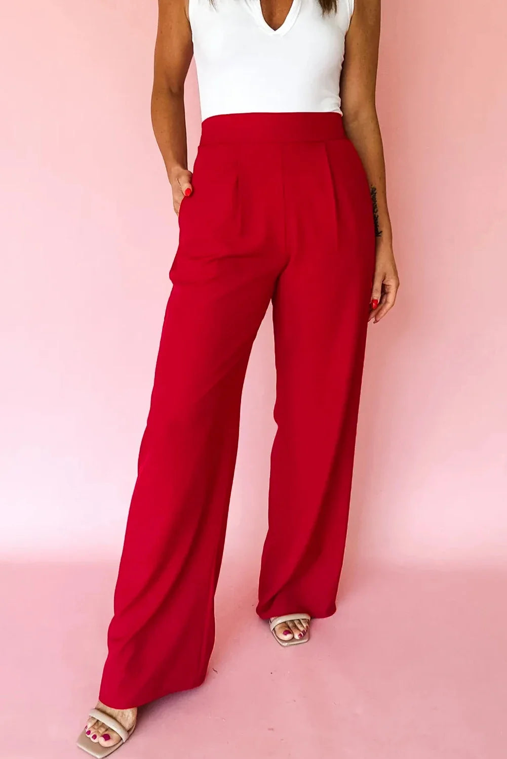 Solid Pleated Pull-On Straight Leg Pants