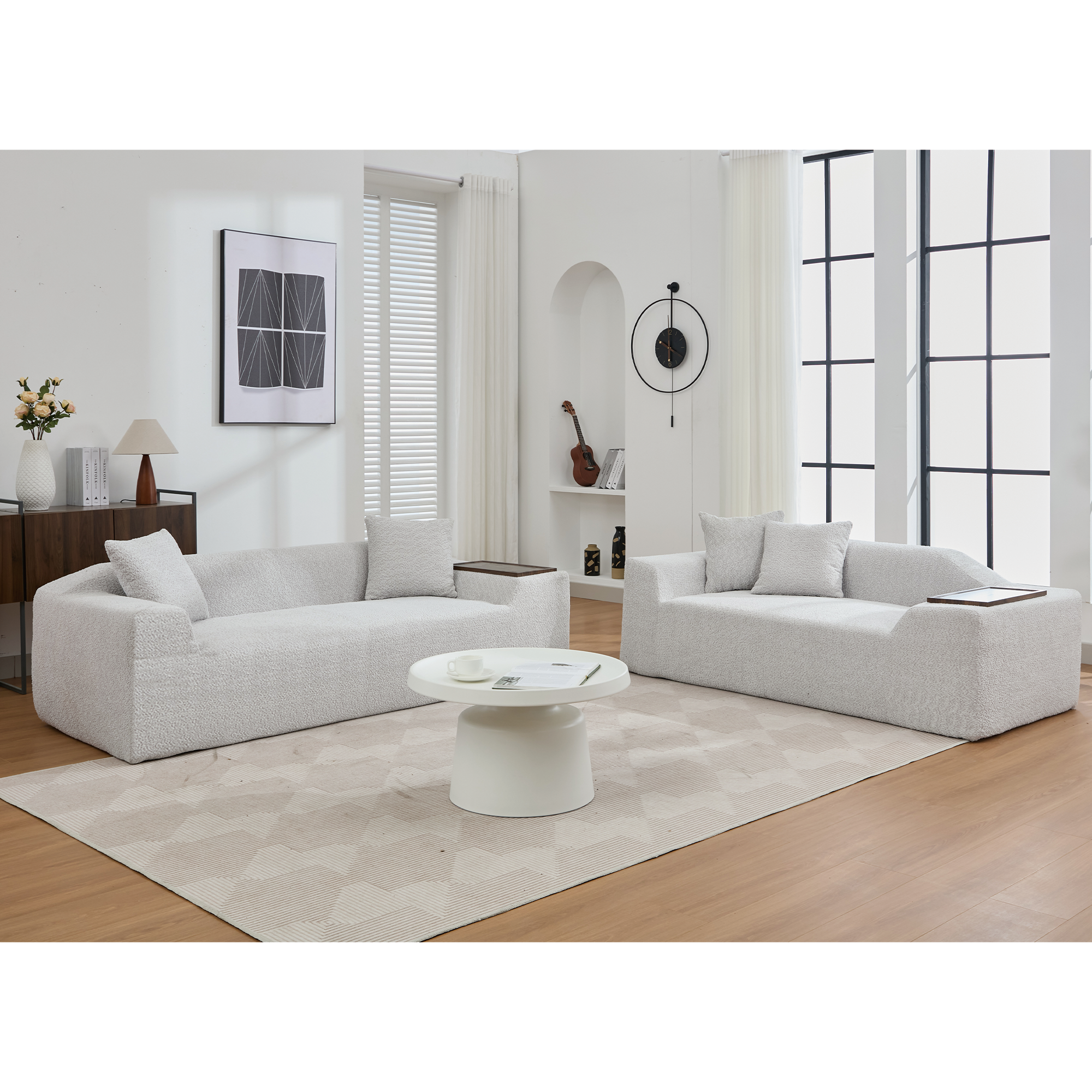[NEW ARRIVED] [VIDEO PROVIDED]2 Piece Boucle Cloud Sofa Set, Upholstered Sofa Set, Modern 3 Seater and 2 Seater Sofa  with MDF End Table for Living Room ,Apartment,3+2 couch,Boucle, Light Gray