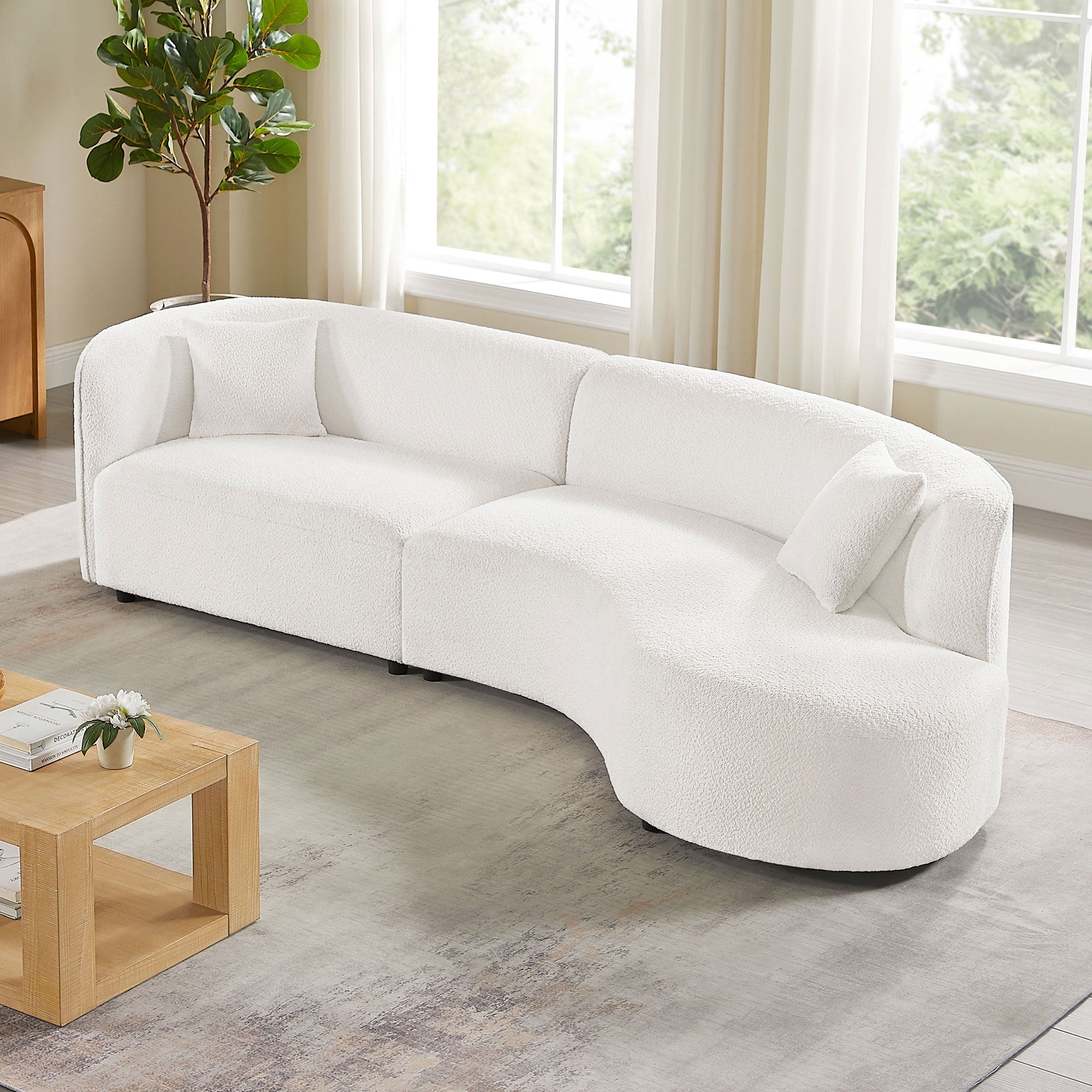 Luxury Modern Style Living Room Upholstery Curved Sofa with Chaise 2-Piece Set, Right Hand Facing Sectional,  Boucle Couch, White