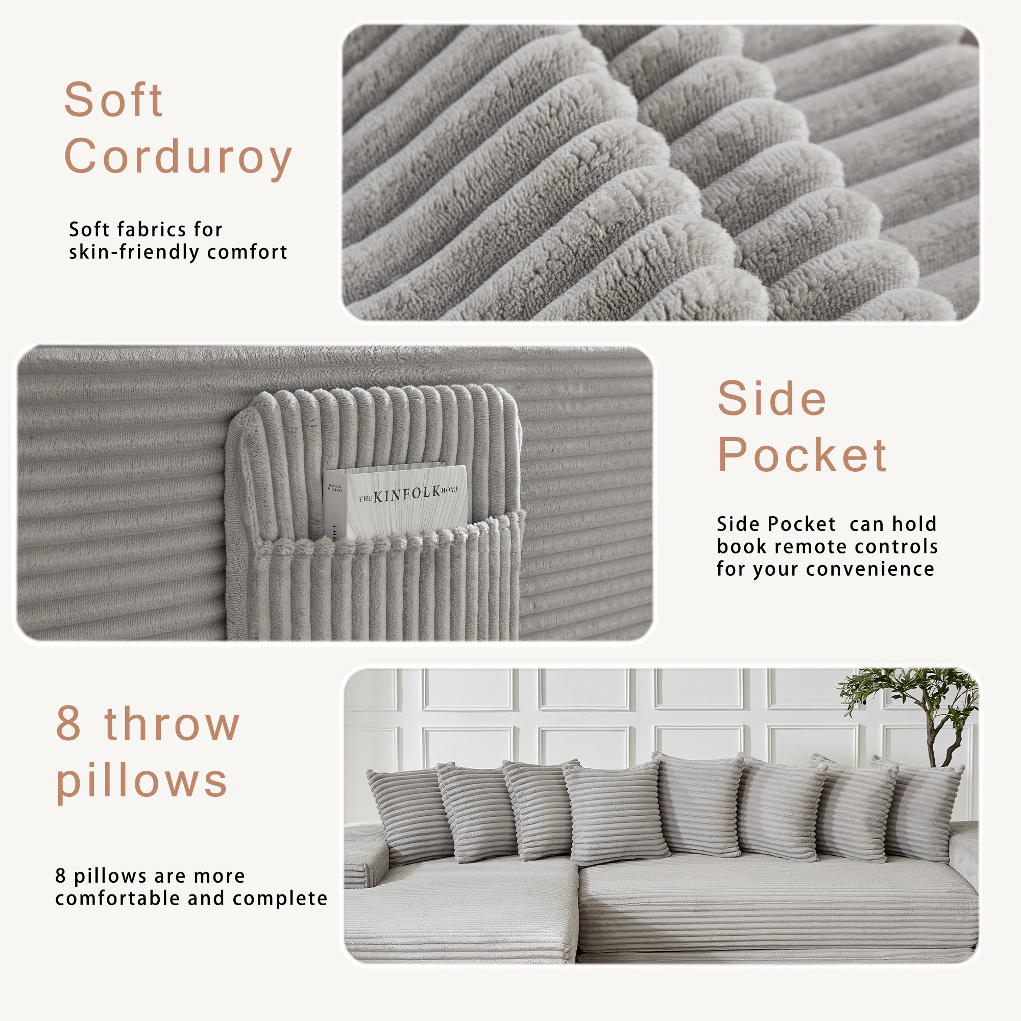 [NEW ARRIVED] [VIDEO PROVIDED]   Oversize Cloud Couch, L-Shape Sofa, Convertible Floor Sleeper Sofa Bed,  No Assembly ,Eight pillows,3-in-1,Side Pocket,(Left Facing Sofa),3 Seat,Corduroy,Light Gray