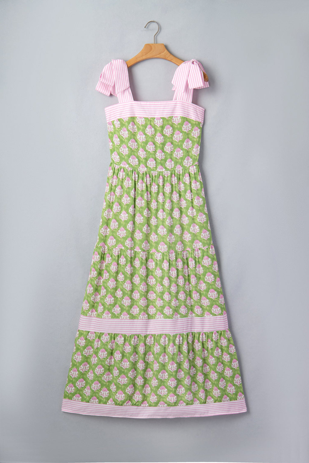 Floral Stripe Patchwork Knot Strap Maxi Dress