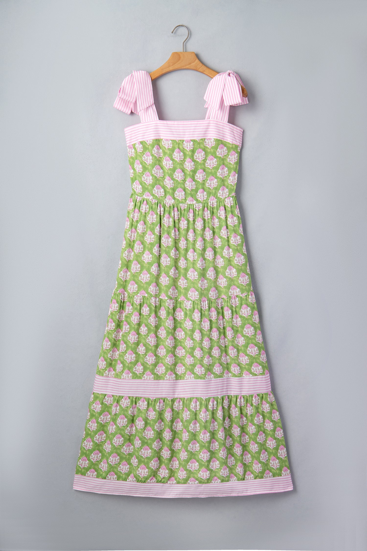 Floral Stripe Patchwork Knot Strap Maxi Dress