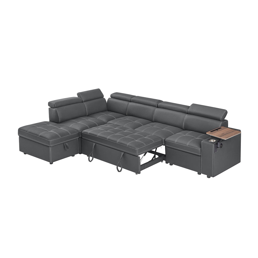 Grey Fabric Sectional Sofa with Storage Ottoman