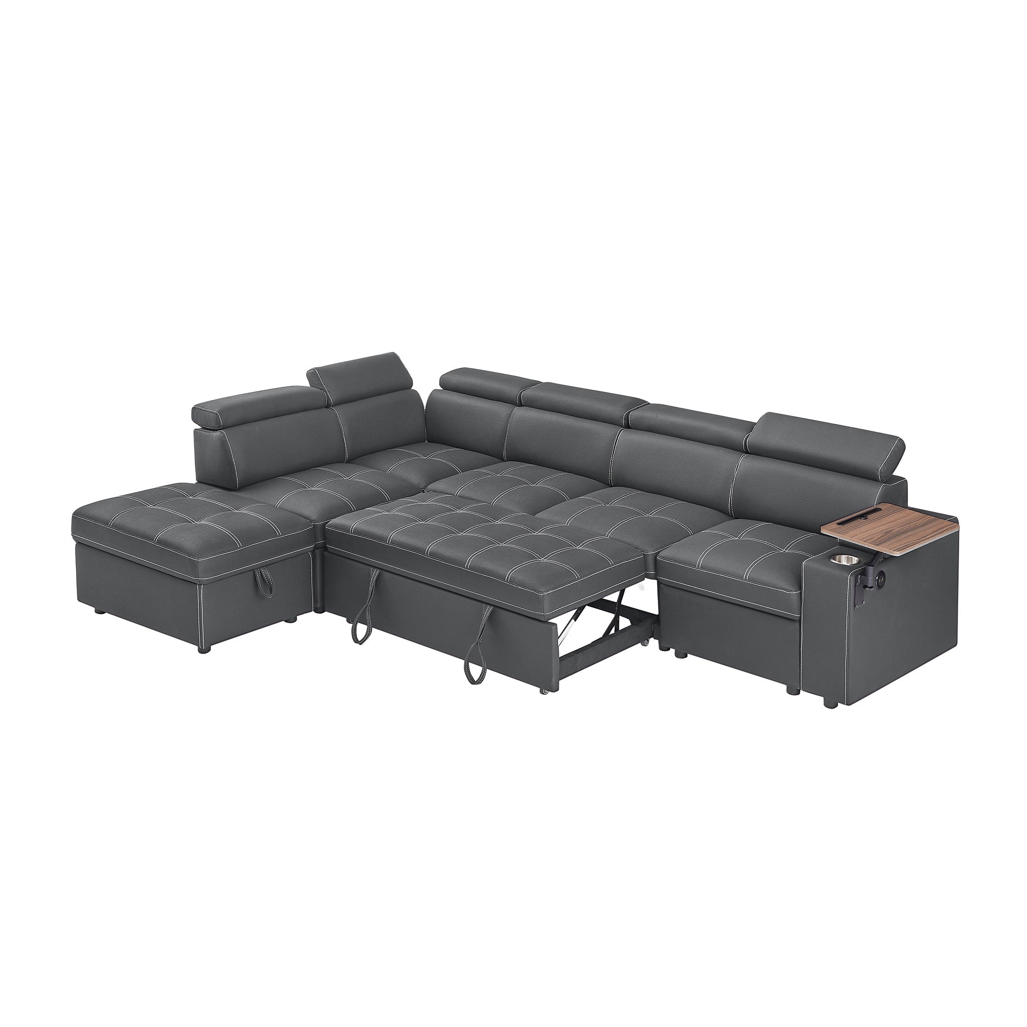 Grey Fabric Sectional Sofa with Storage Ottoman