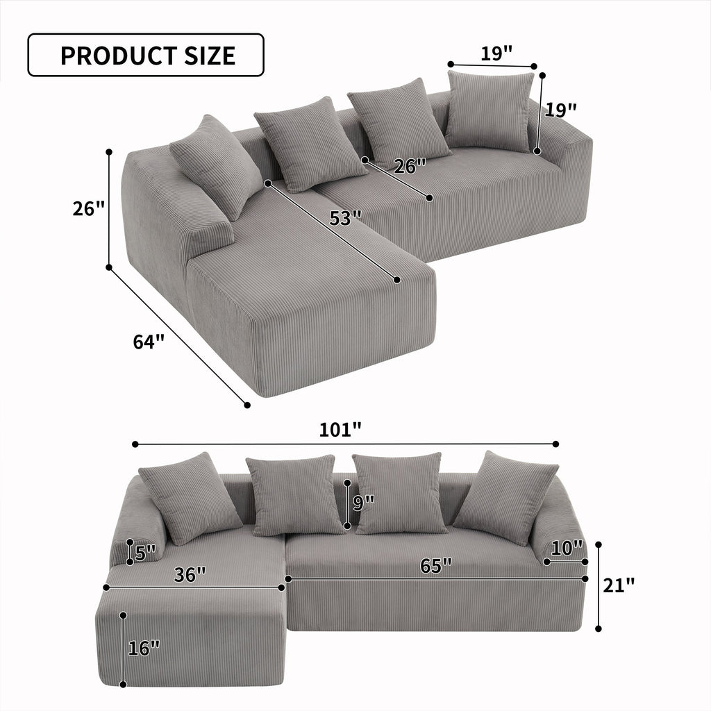 LY-023 LIGHT GREY COMPRESSION SOFA: Combining chaise longue with 3-seater, Corduroy Fabric, full sponge compression sofa,combined sofa with 4 pillows for living/ Home Furniture/ Apartment