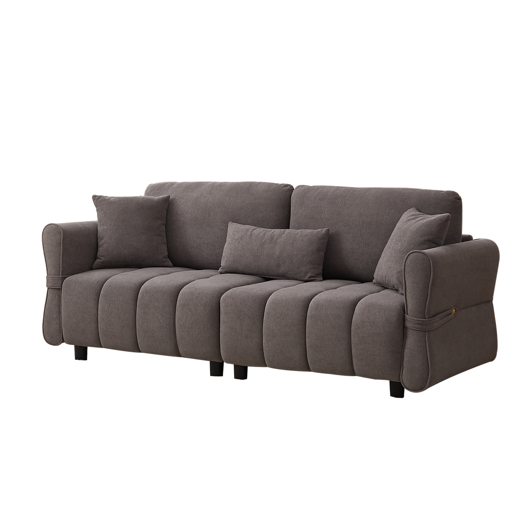 80''Premium chenille fabric sofa with 2 cushions and 1 lumbar pillow Armrest strap design,,upholstered 3-seater sofa  for living rooms, bedrooms,apartments and offices Grey