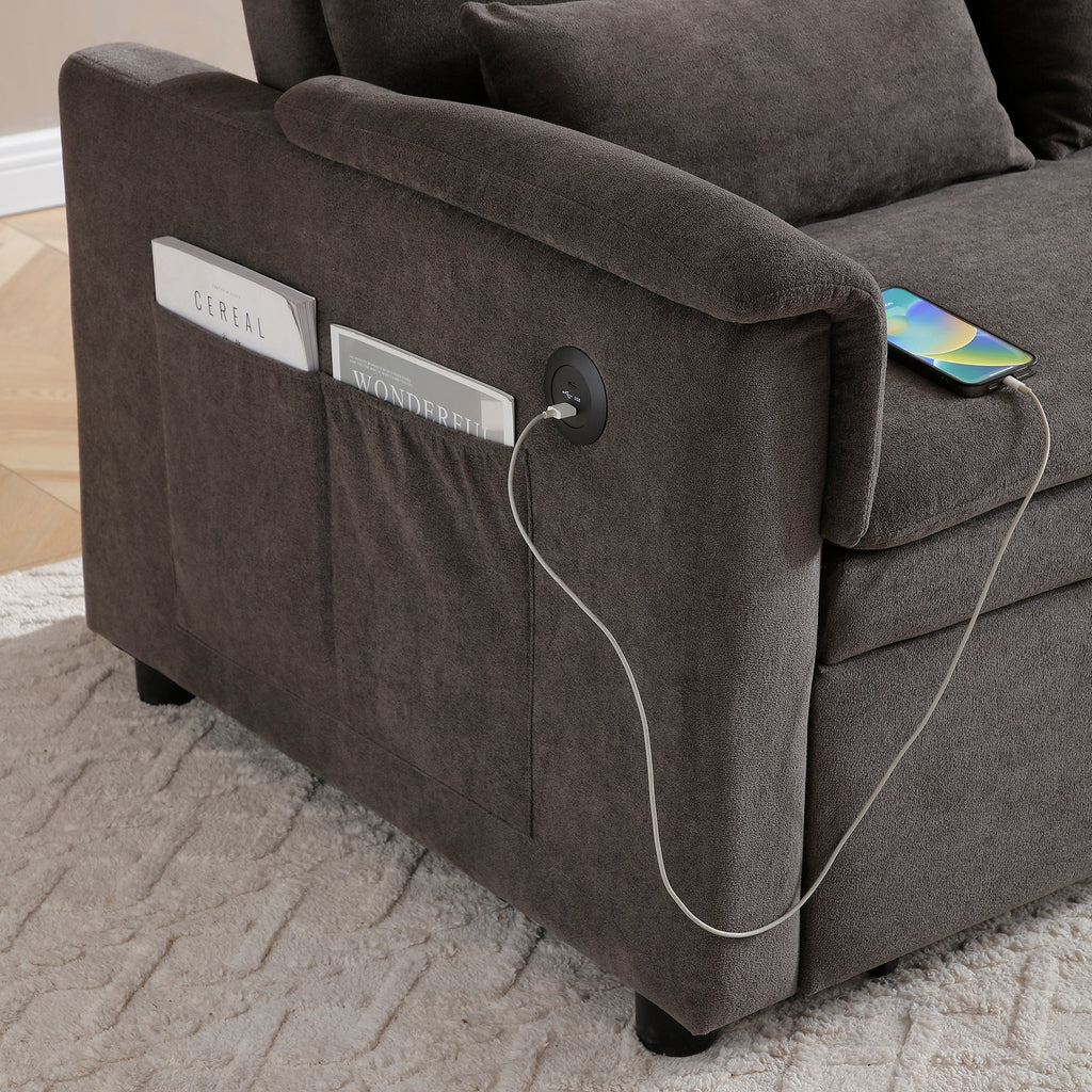 55' Velvet Two Seater Pull Out Sofa Bed, Adjustable Backrest With  USB Ports, Two Side Pockets, 3 in 1 Convertible Sleeper Sofa Bed, Modern Love Seat Lounge,2 waist pillows for living rooms,GREY