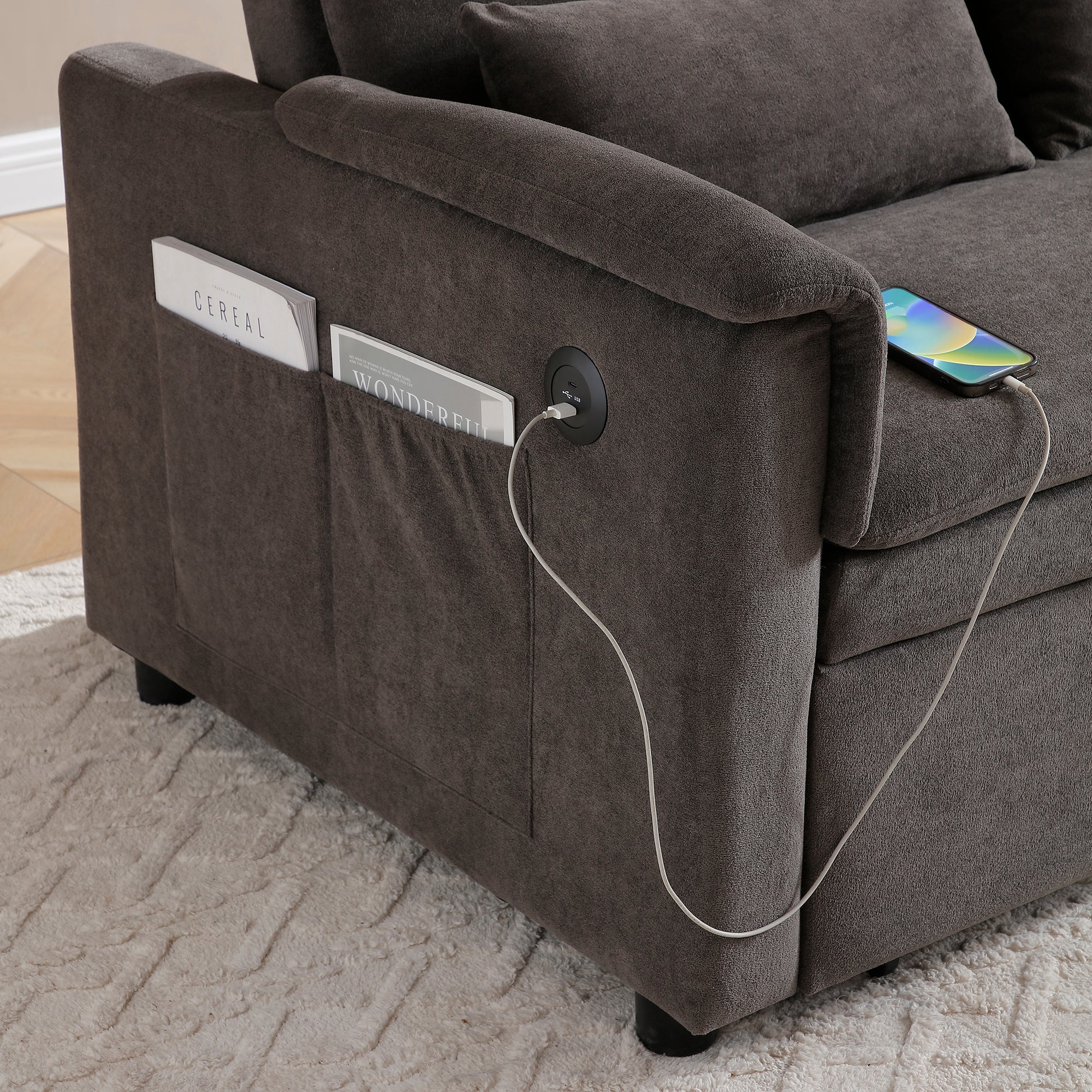 55' Velvet Two Seater Pull Out Sofa Bed, Adjustable Backrest With  USB Ports, Two Side Pockets, 3 in 1 Convertible Sleeper Sofa Bed, Modern Love Seat Lounge,2 waist pillows for living rooms,GREY