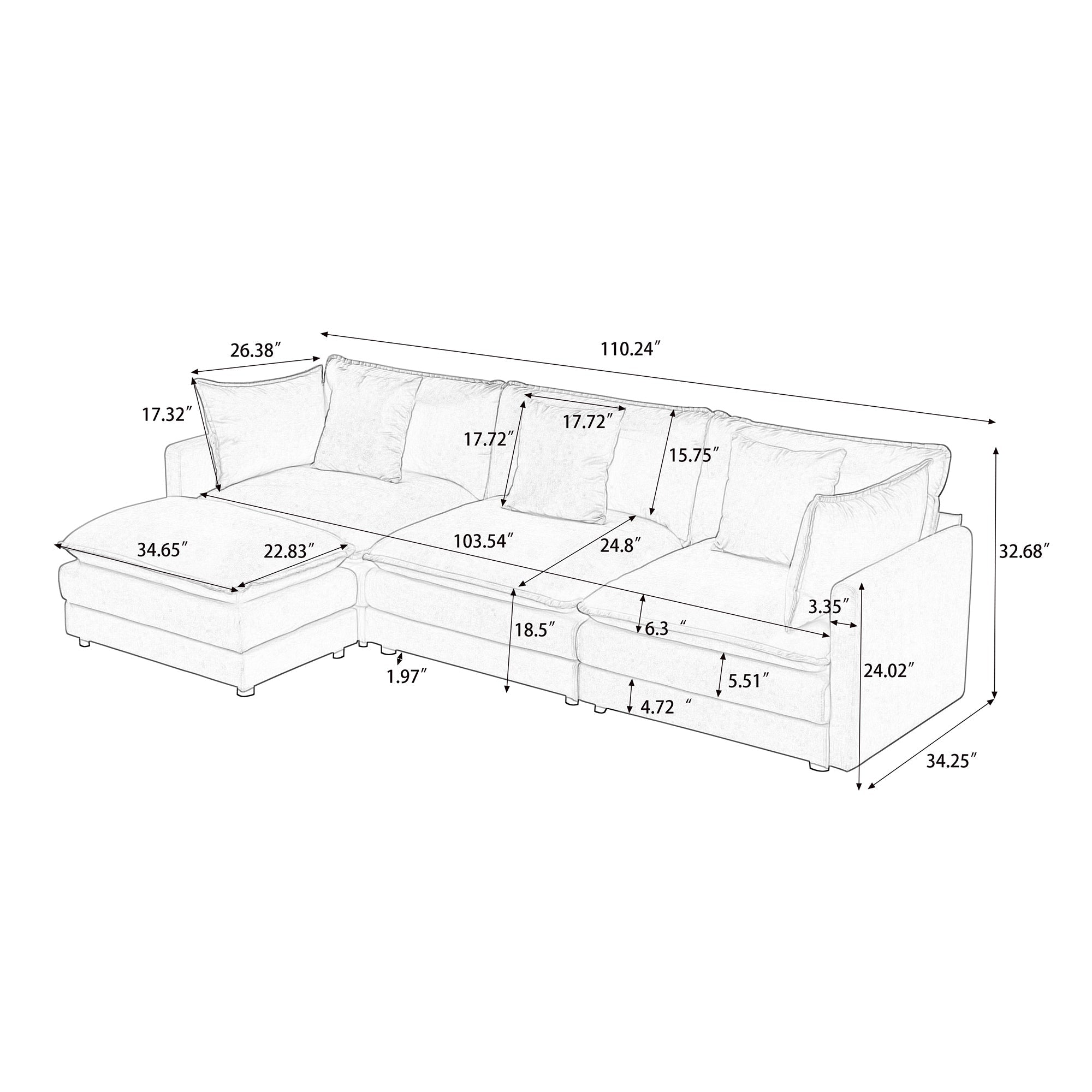 Modular Ottoman-Style Deep Seat Chenille Sofa with Cushions, Off-White, 110-Inch L-Shaped