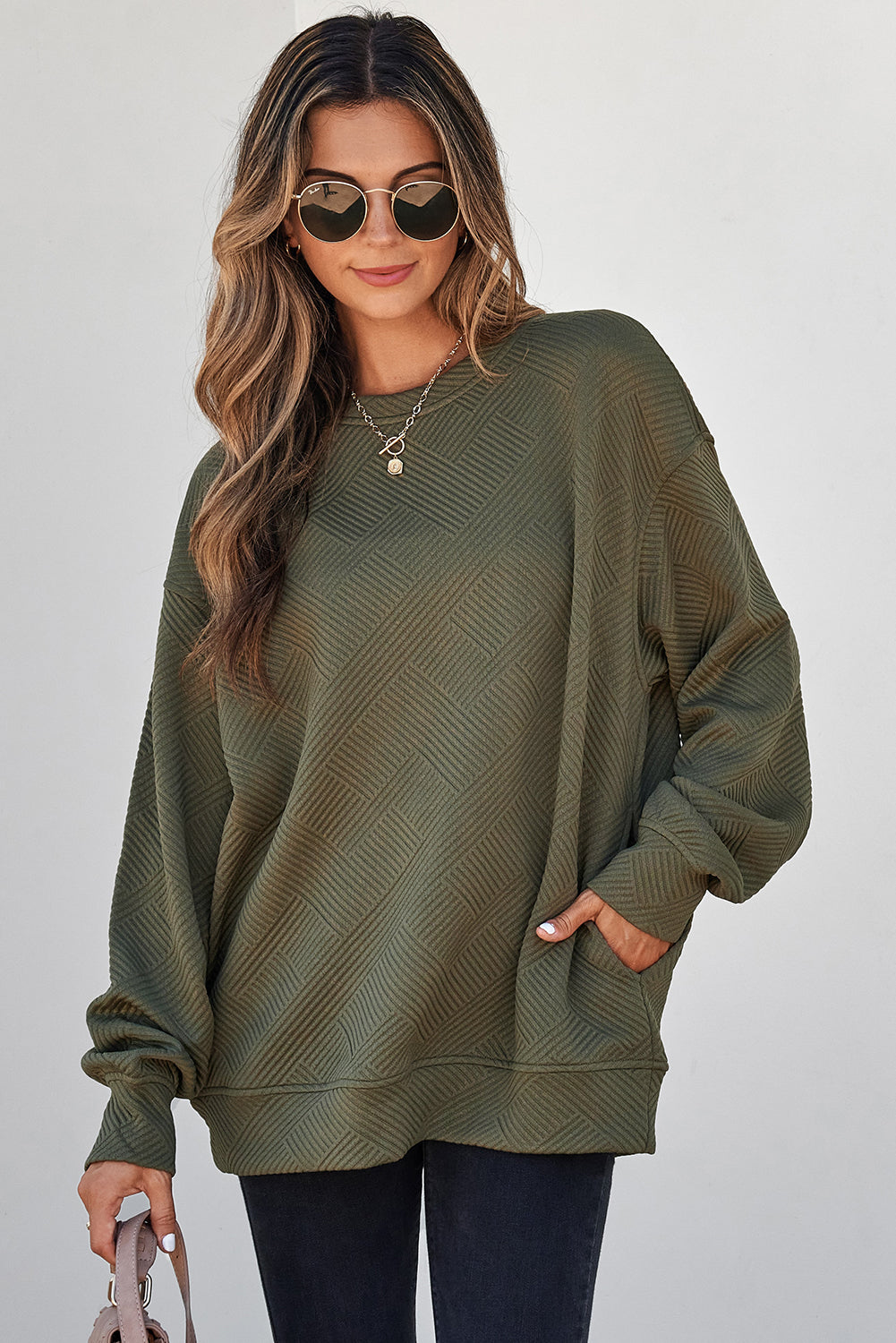 Solid Textured Round Neck Drop Shoulder Sweatshirt