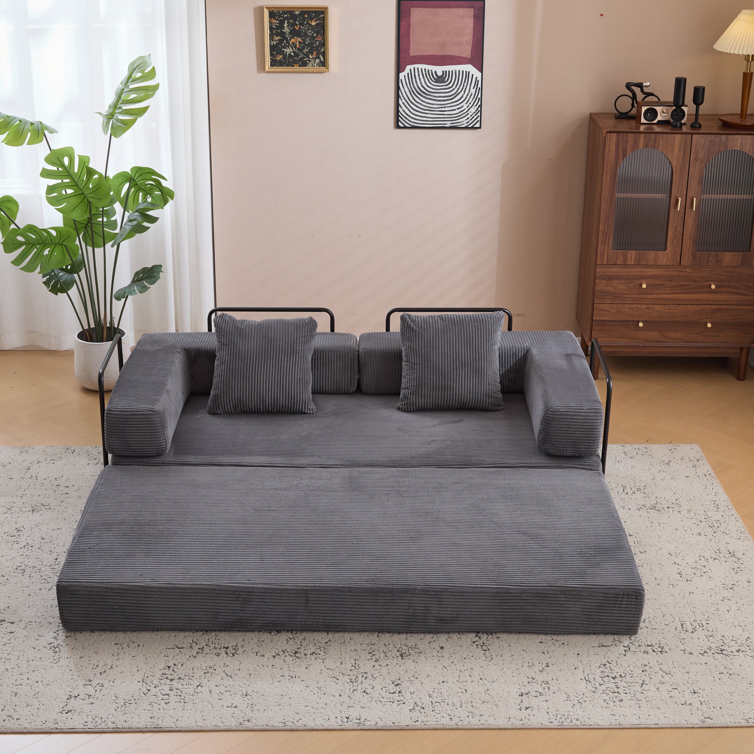Floor Couch,Compression Sofa,Convertible Floor Sofa Bed-with Pillow Back Support Armrest,Comfy Futon Couch Lounge Sleeper Bed,Corduroy Fabric,for Living Room Bedroom (dark grey)