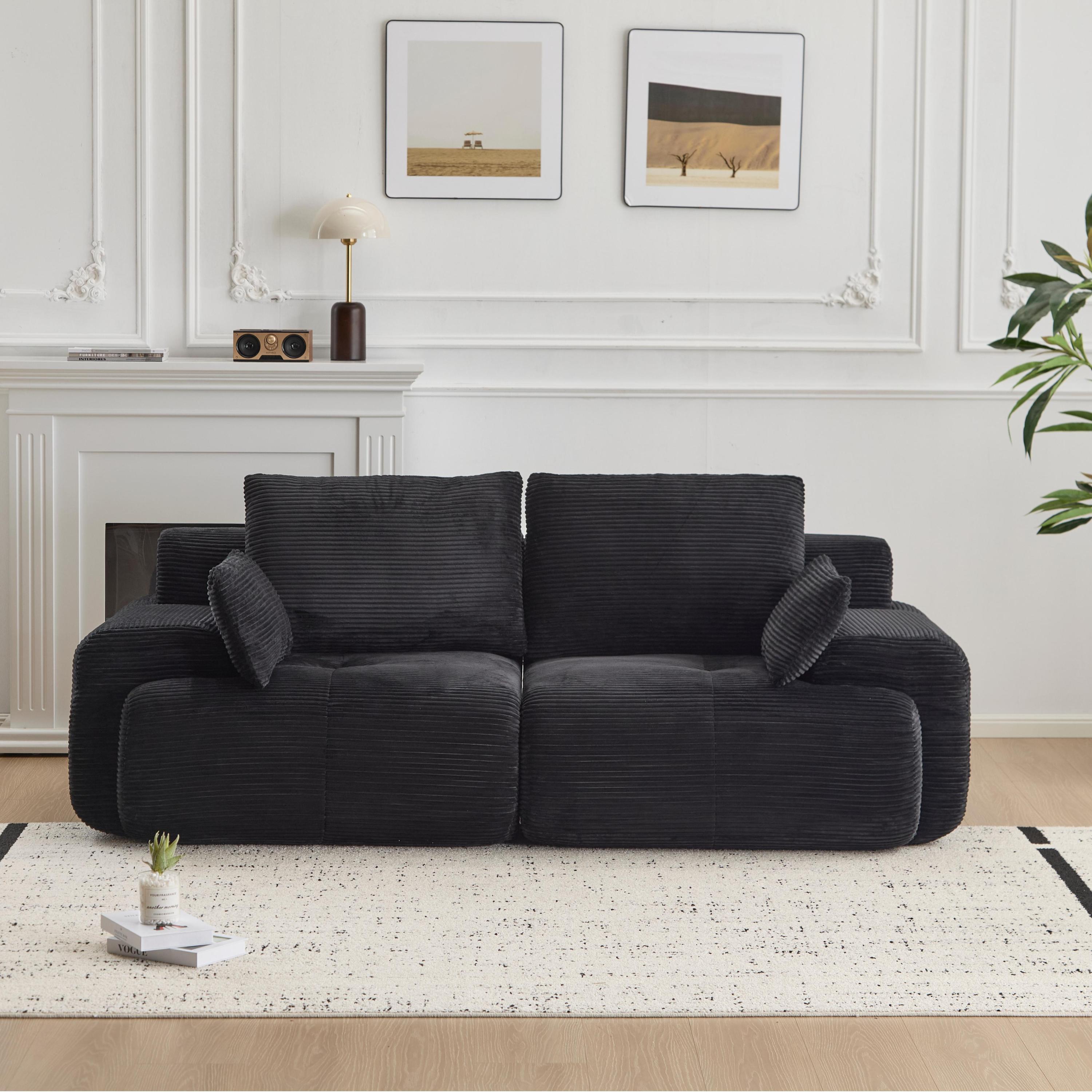 Modern Memory Foam Compressed Sofa,2 Seater Large Sectional Couches for Living Room,Pet-Friendly Cloud Modular Sectional Sofa,Corduroy Fabric,Extra Deep Loveseat,No Assembly required, Black
