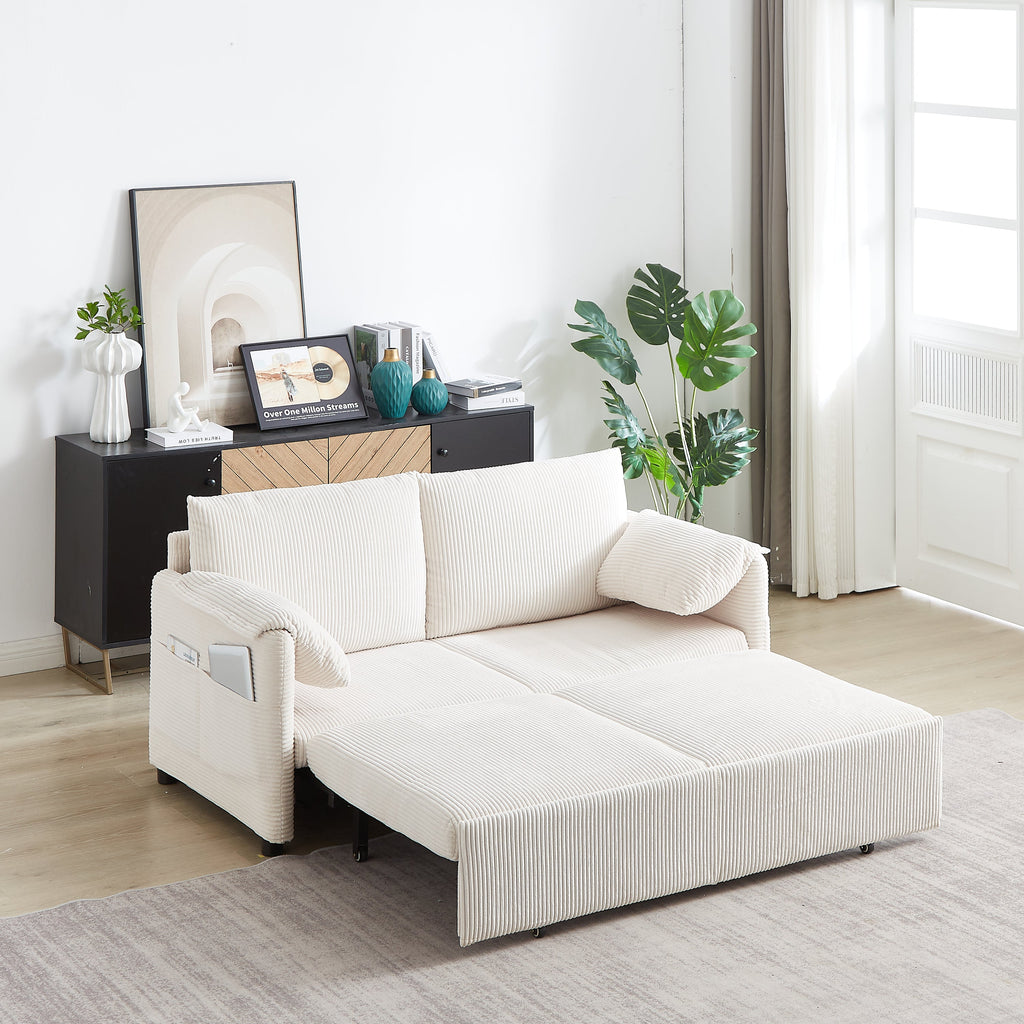 MH'' 64.5 Inch Sleeper Sofa Bed  3-in-1 Adjustable Sleeper with Pullout Bed   2 Pillows and Side Pockets  Soft Corduroy Convertible Sleeper Sofa Bed for Living Room Bedroom Apartment Office