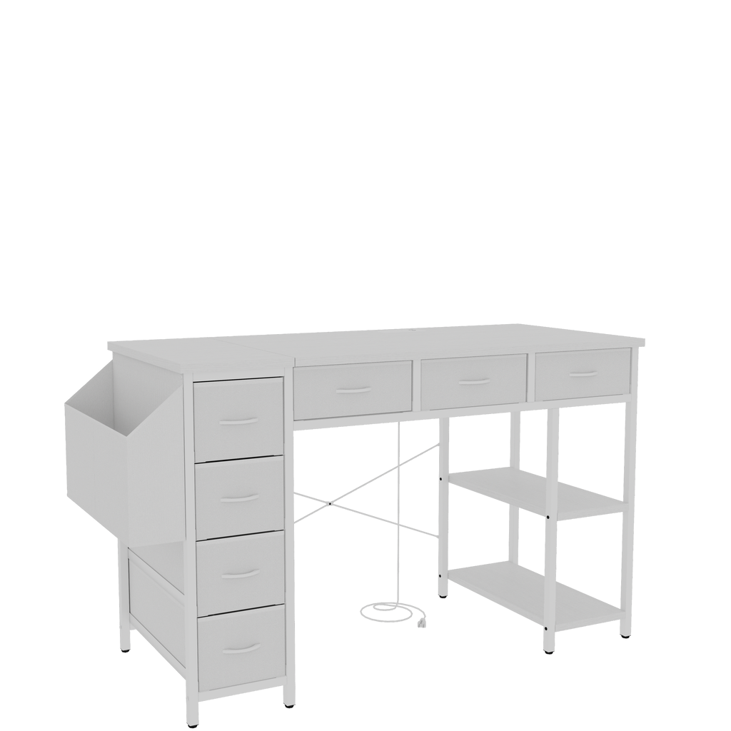 47' Computer Desk With Power Outlet,Writing Desk,Home Office desk,Vanity table with 7 Fabric Drawers, Large Side Pocket,White