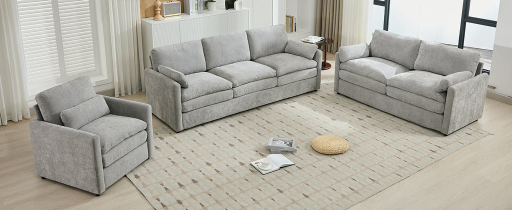 Cozy Upholstered Sofa Set with Double Cushion Design, Light Grey Chenille Fabric, Modern Living Room Couch