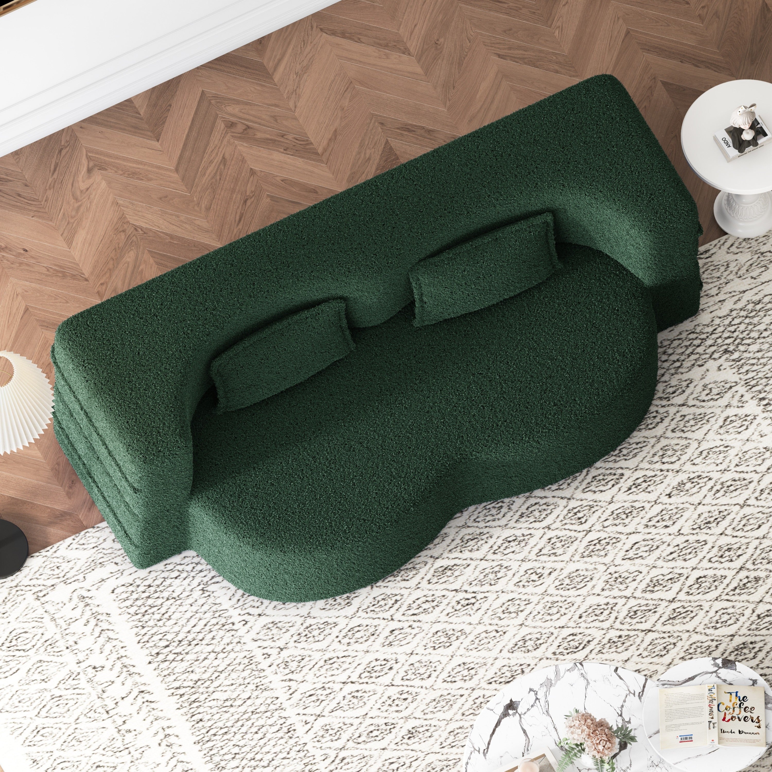 Modern Floor Sofa with 2 Pillows,Convertible Teddy Fabric Foam Filled Sleeper Sofa Bed,15 ' Full Size Folding Mattress for Living Room,Guest Bed,Playroom,no assembly required,Green