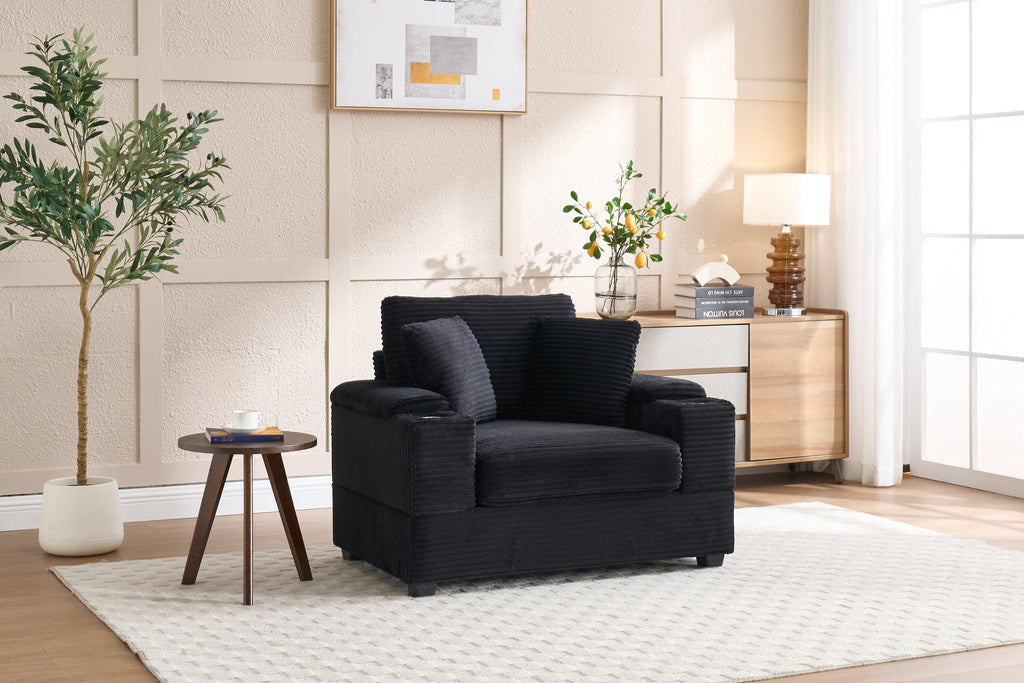 [VIDEO/New]Corduroy Upholstered Chaise Lounge Sofa with Handrail storage,Movable ottoman,Cupholders,Detachable Cushions Deep Seat for Living Room Office,5 colour,Wide stripe corduroy