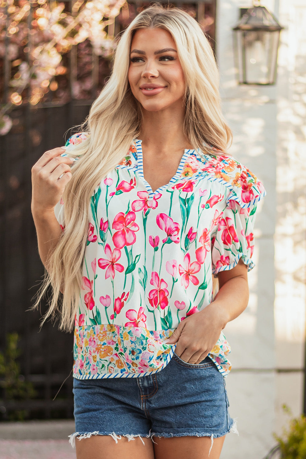 Floral Stripe Trim Split Neck Short Sleeve Blouse