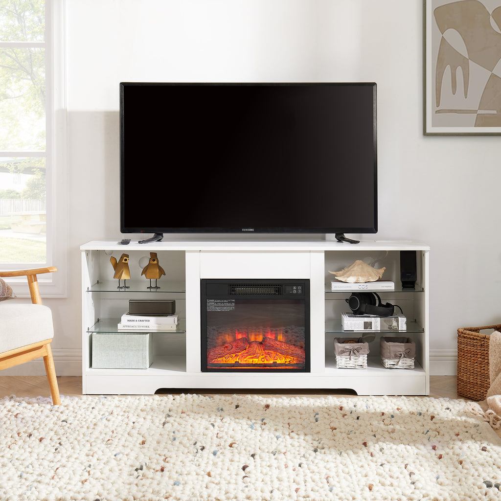 TV Stand Electric Fireplace TV Stand with Glass Shelves, 3D Fireplace TV Stand with LED Lights Wood with USB Charging Outlet Modern Television Table Center for TV up to 32-62' White 58''W*15.4''D*24.4