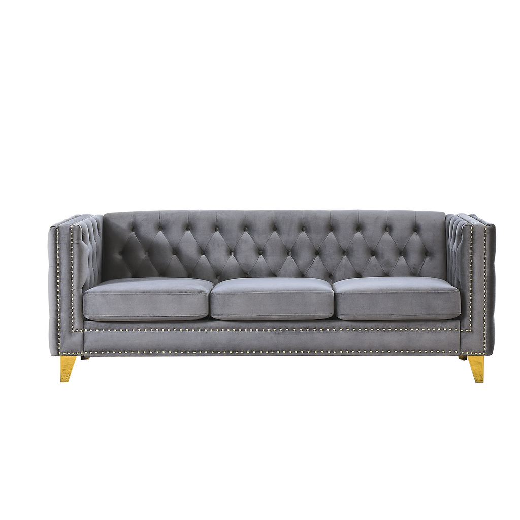 {Contact us for 3D modeling}  Velvet Sofa for Living Room,Buttons Tufted Square Arm Couch, Modern Couch Upholstered Button and Metal Legs, Sofa Couch for Bedroom, Grey Velvet(W834S00020)