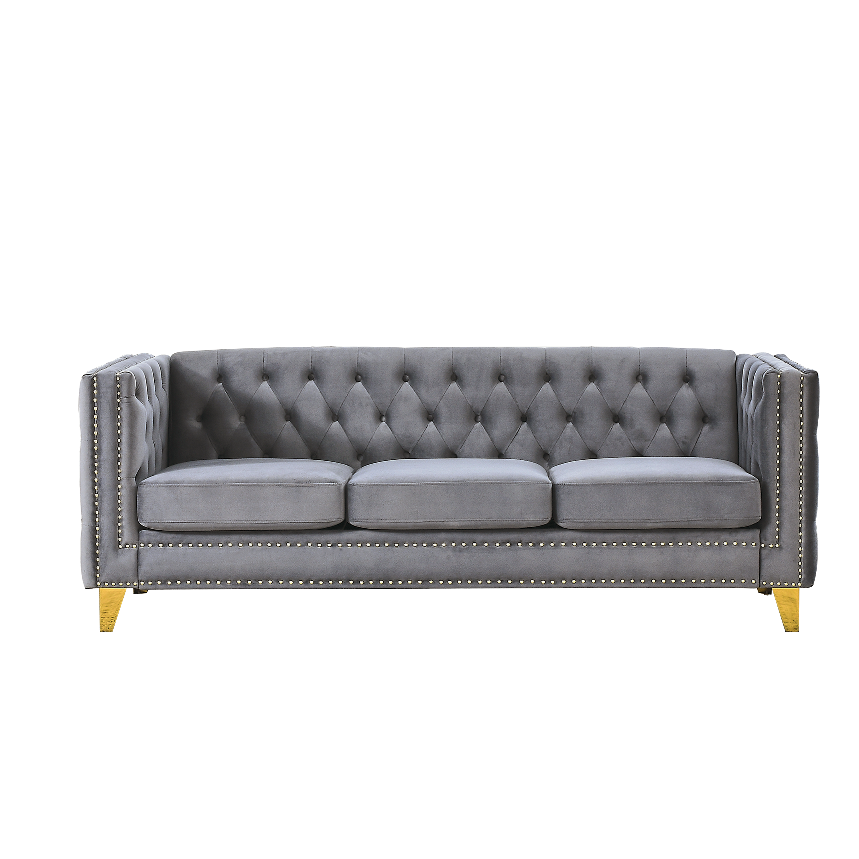 {Contact us for 3D modeling}  Velvet Sofa for Living Room,Buttons Tufted Square Arm Couch, Modern Couch Upholstered Button and Metal Legs, Sofa Couch for Bedroom, Grey Velvet(W834S00020)