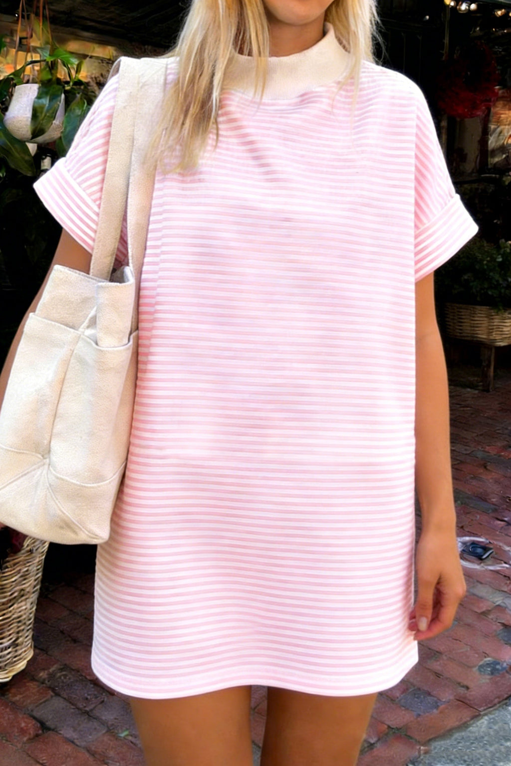 Stripe Mock Neck Cuffed Sleeve Tee Dress