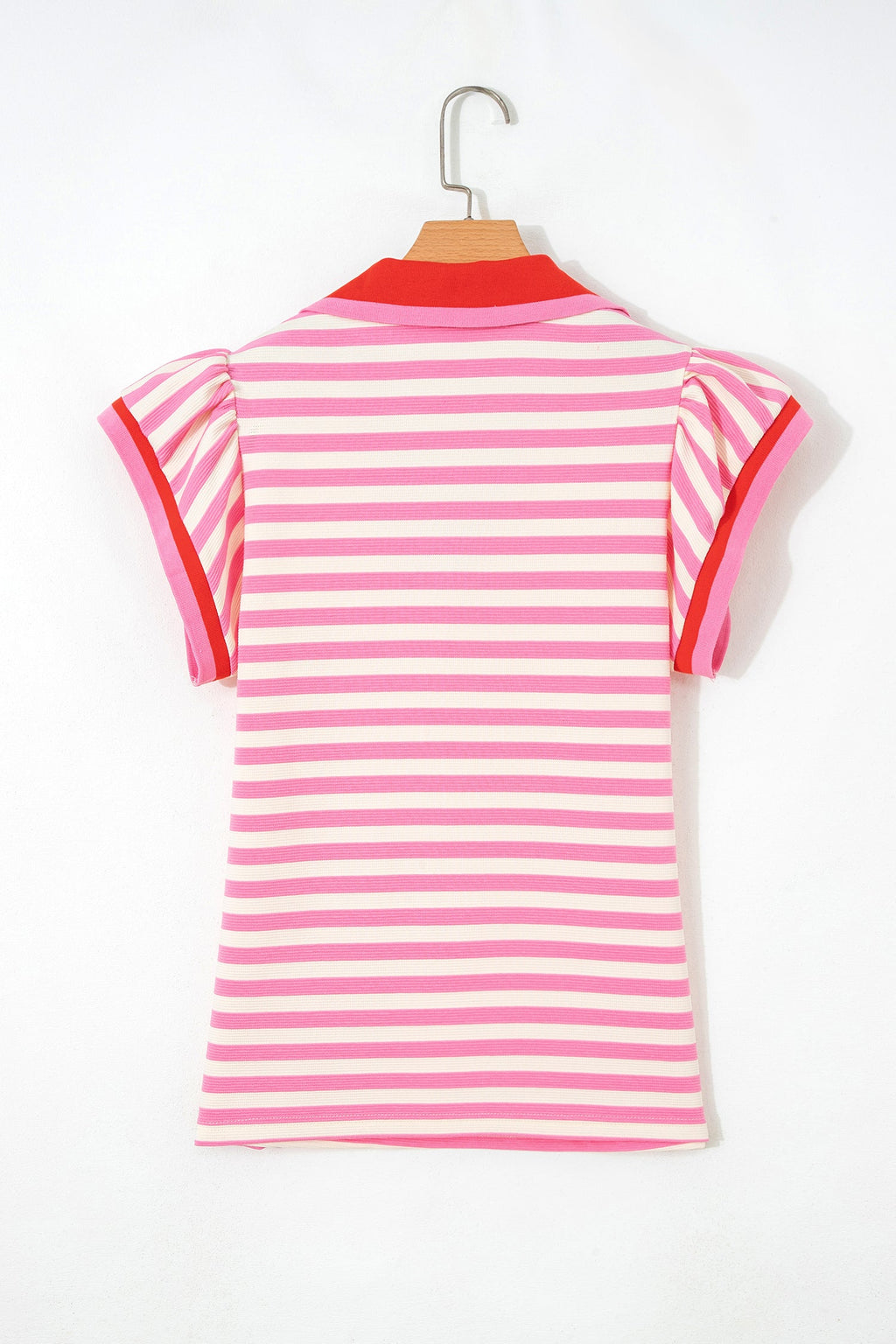 Stripe Contrast Trim Polo Collar Ruffle Sleeve Blouse