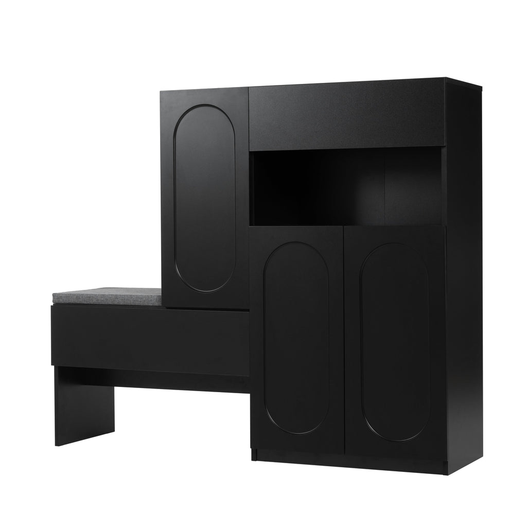 Elegant 2-in-1 Shoe Cabinets with Soft Cushion , Modern Narrow Storage Bench with Arched Doors & Rebound Devices, Versatile Shoe Rack Organizer with Adjustable Shelves for Hallway, Living Room, Black
