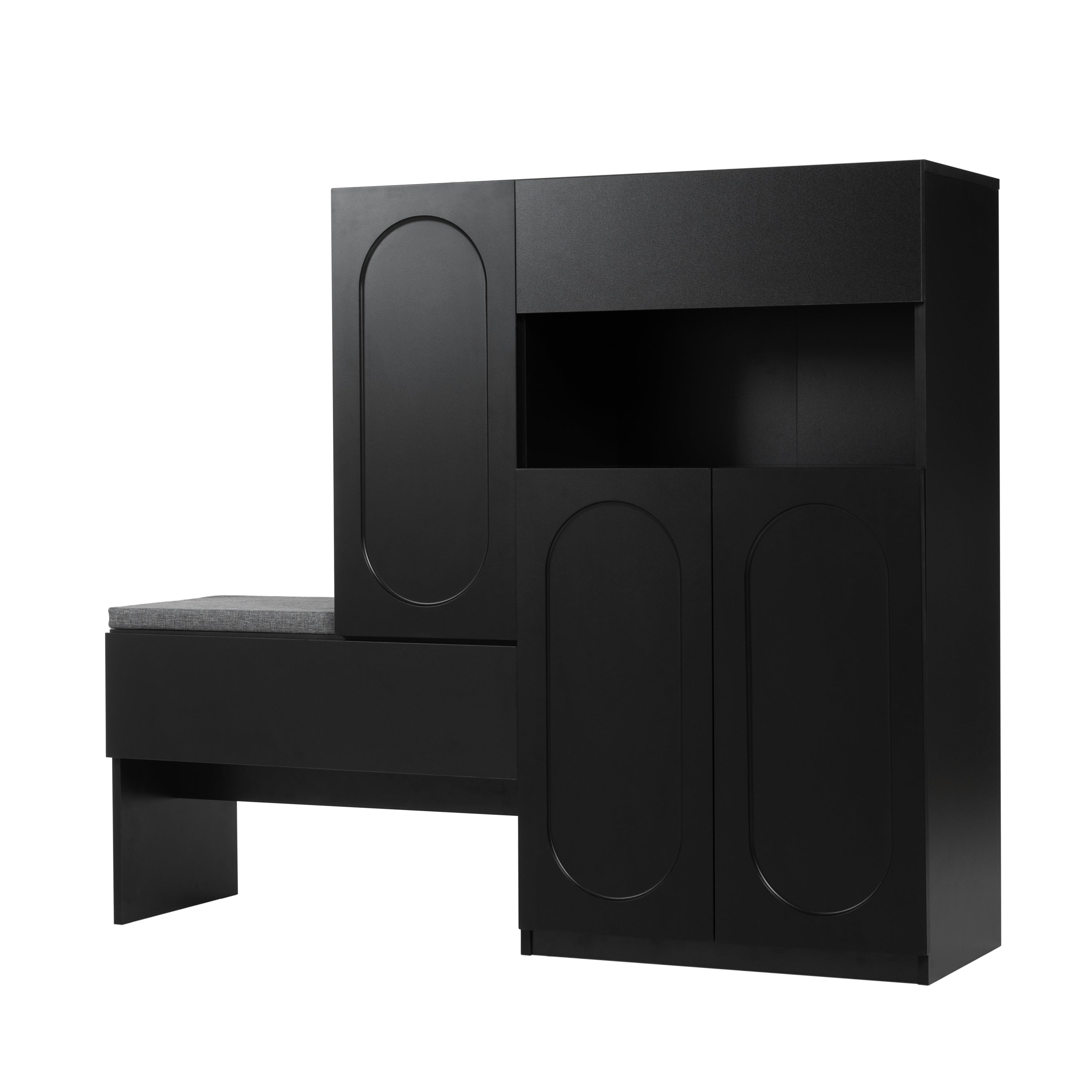 Elegant 2-in-1 Shoe Cabinets with Soft Cushion , Modern Narrow Storage Bench with Arched Doors & Rebound Devices, Versatile Shoe Rack Organizer with Adjustable Shelves for Hallway, Living Room, Black