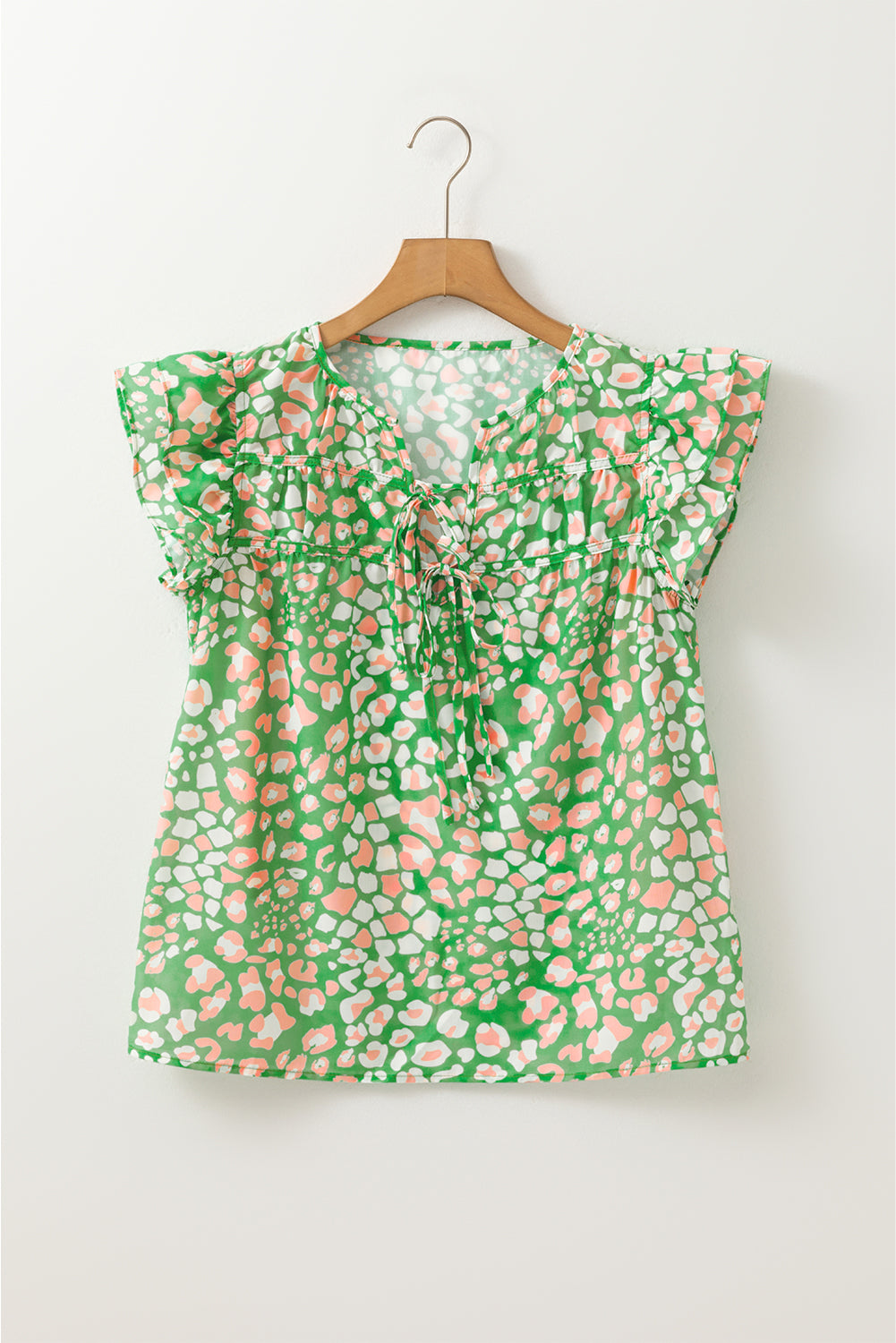 Abstract Leopard Tie Front Flutter Sleeve Blouse