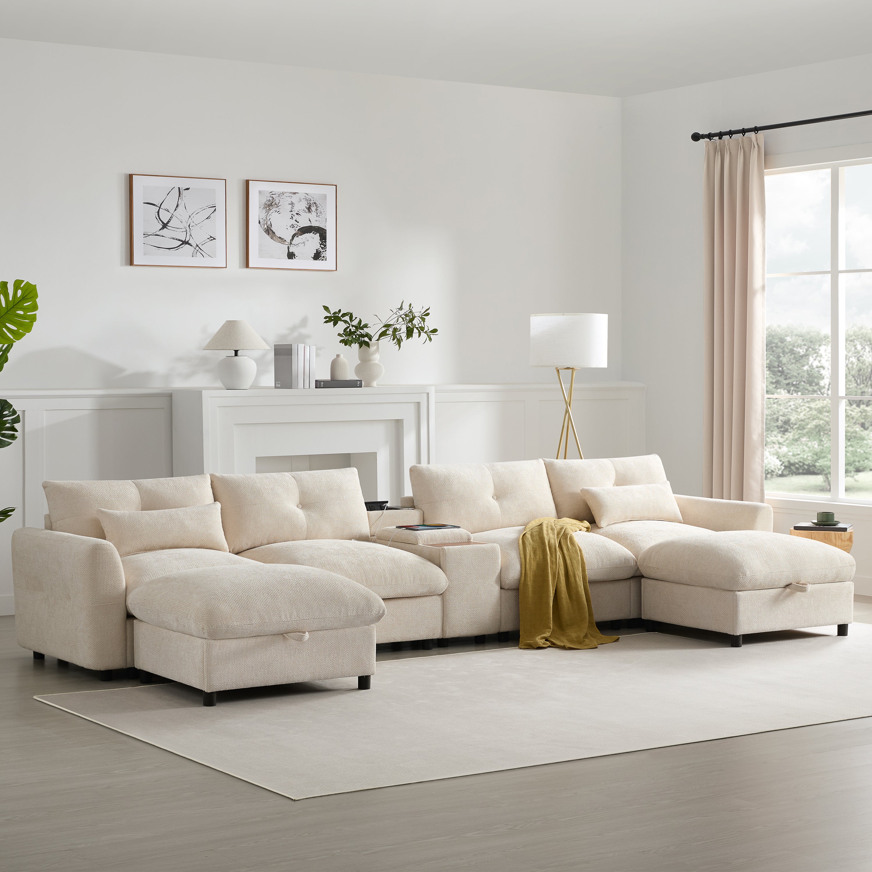 [VIDEO+NEW]142'' Modular Sectional Sofa with Movable Storage Ottoman and Console,Cup Holder,Wide Seat,6 Seat U Shaped Couch,Oversized Chenille Sofa with USB Charger for Living Room,Apartment,2 Colors