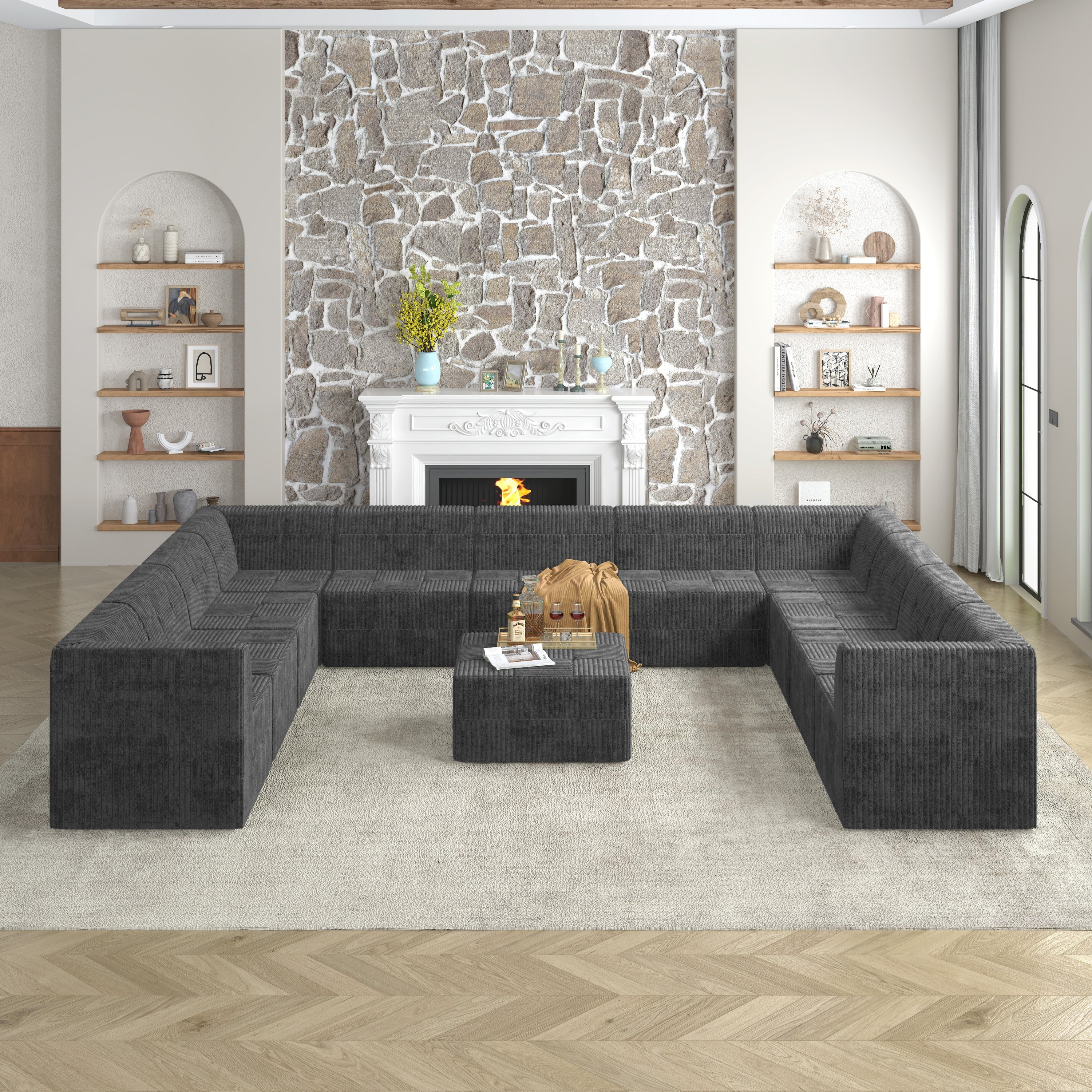 U shape Modular Sectional Sofa,DIY Compressed Sectional Sofa Modern Minimalist Style Corduroy Couch, Sleeper Sofa for Living Room, Bedroom, Comfy Compressed Sofa Couch Space-GREY